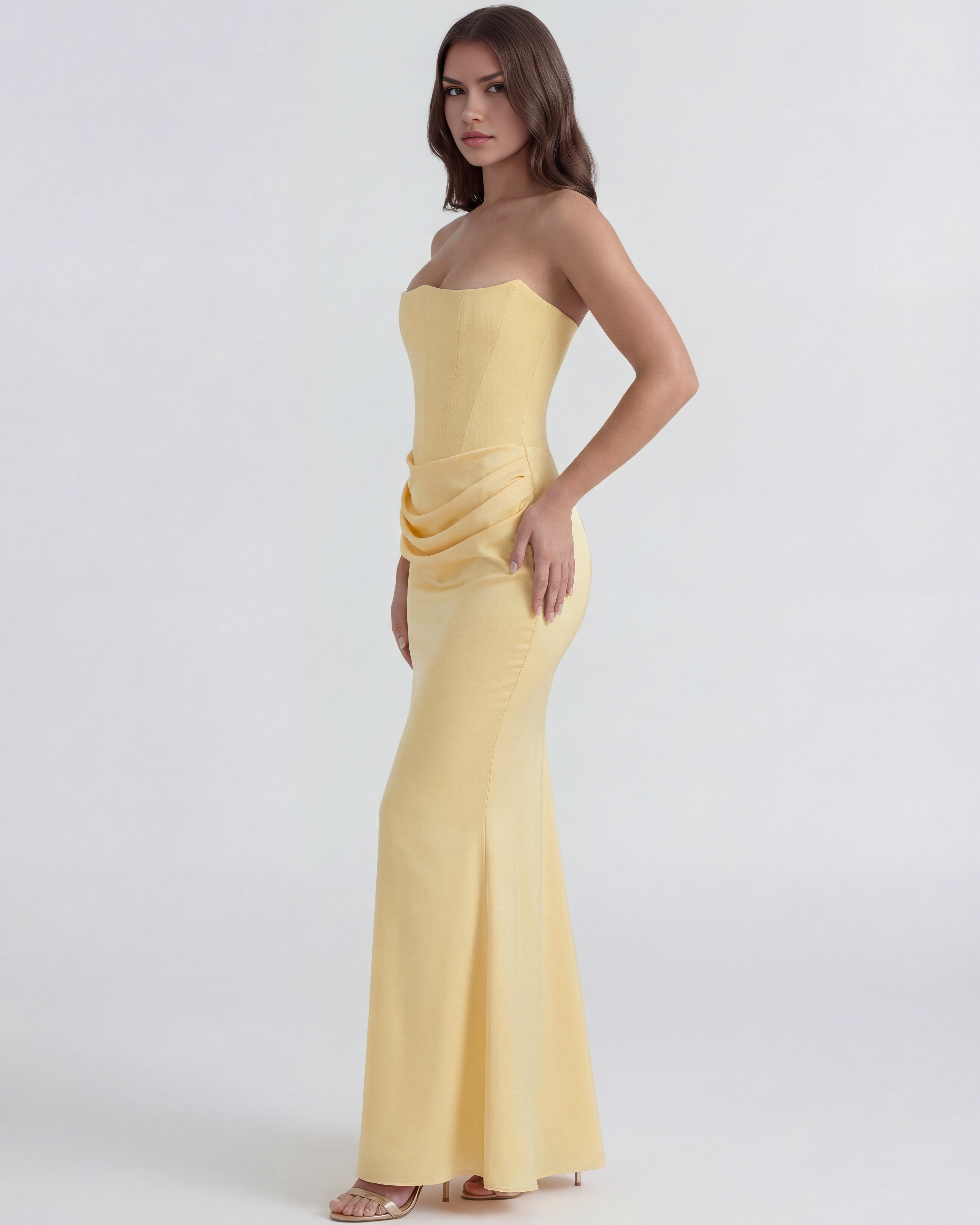 Rosalind Fitted Corset Maxi Wedding Guest Dress - Butter Yellow