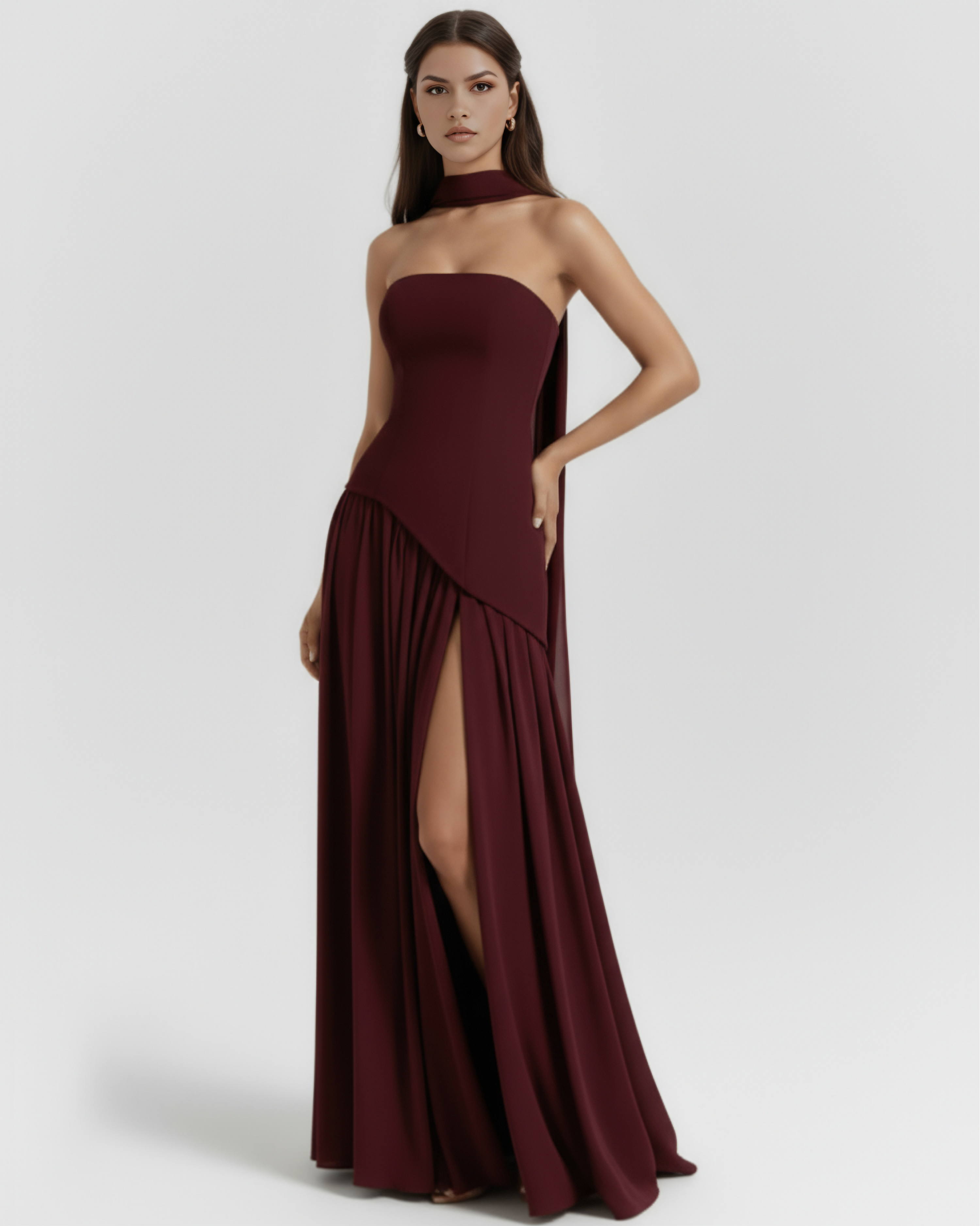 Serena Lace-Up Fitted Maxi Formal Dress - Deep Cherry Lacquer
