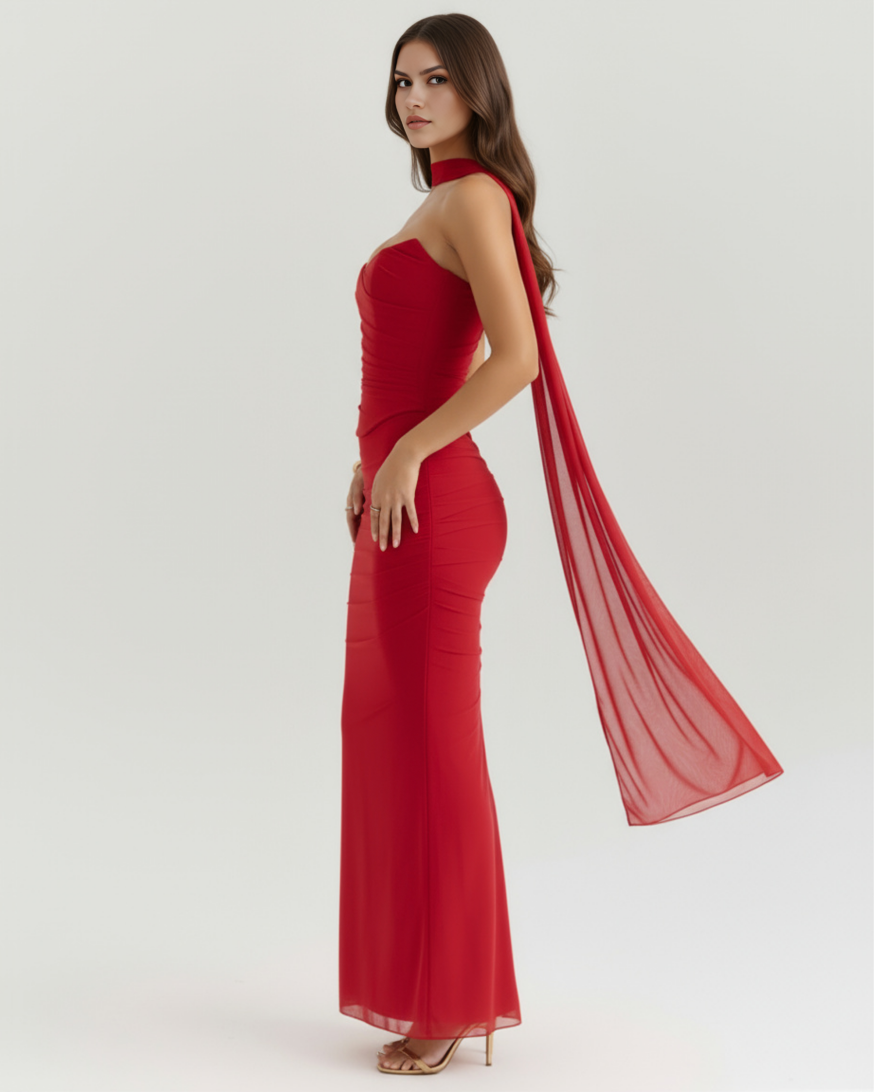 Malu Mesh Ruched Maxi Evening Dress - Black
