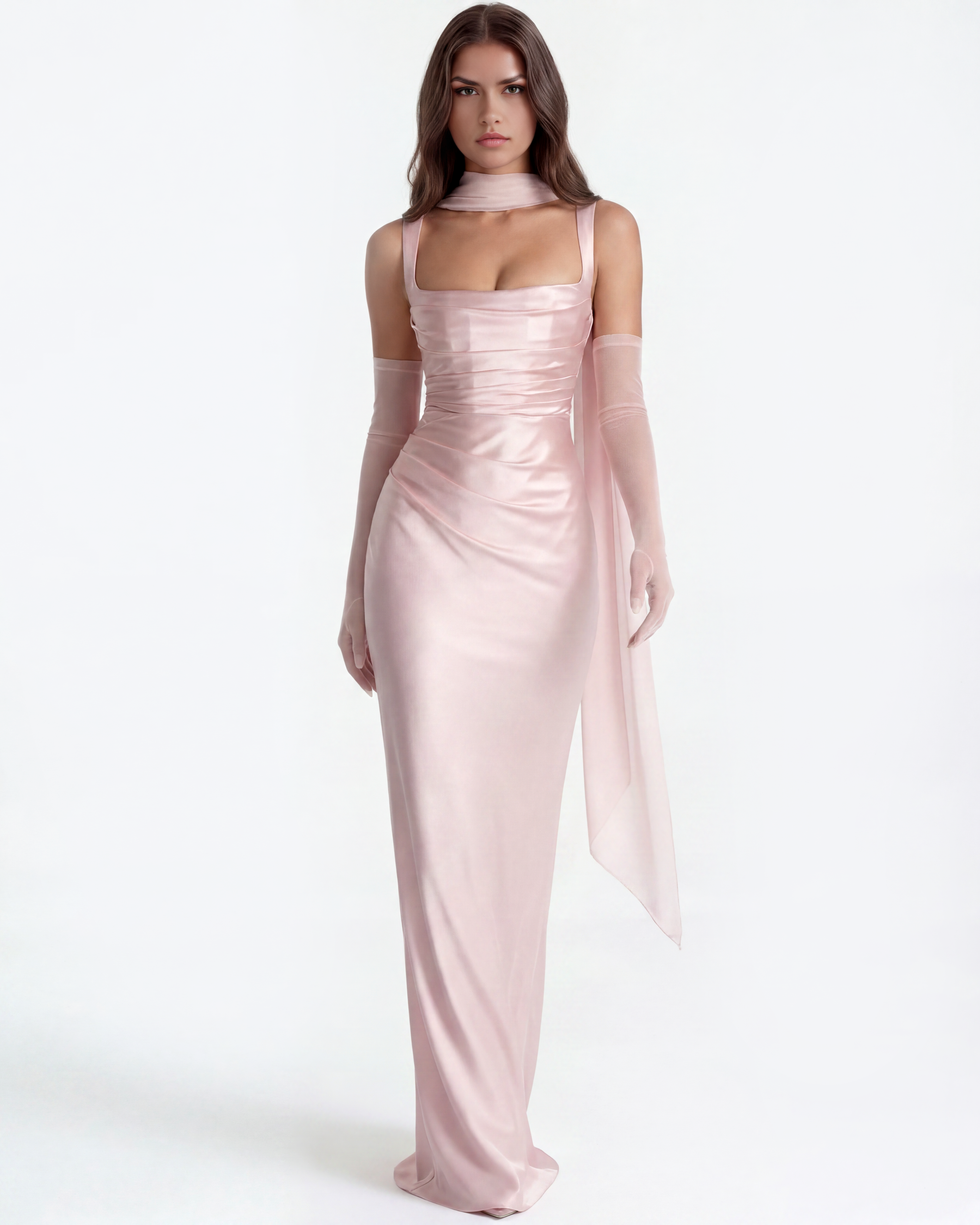 Adrienne Pleated Satin Maxi Wedding Guest Dress - Baby Pink - Ciel Cee