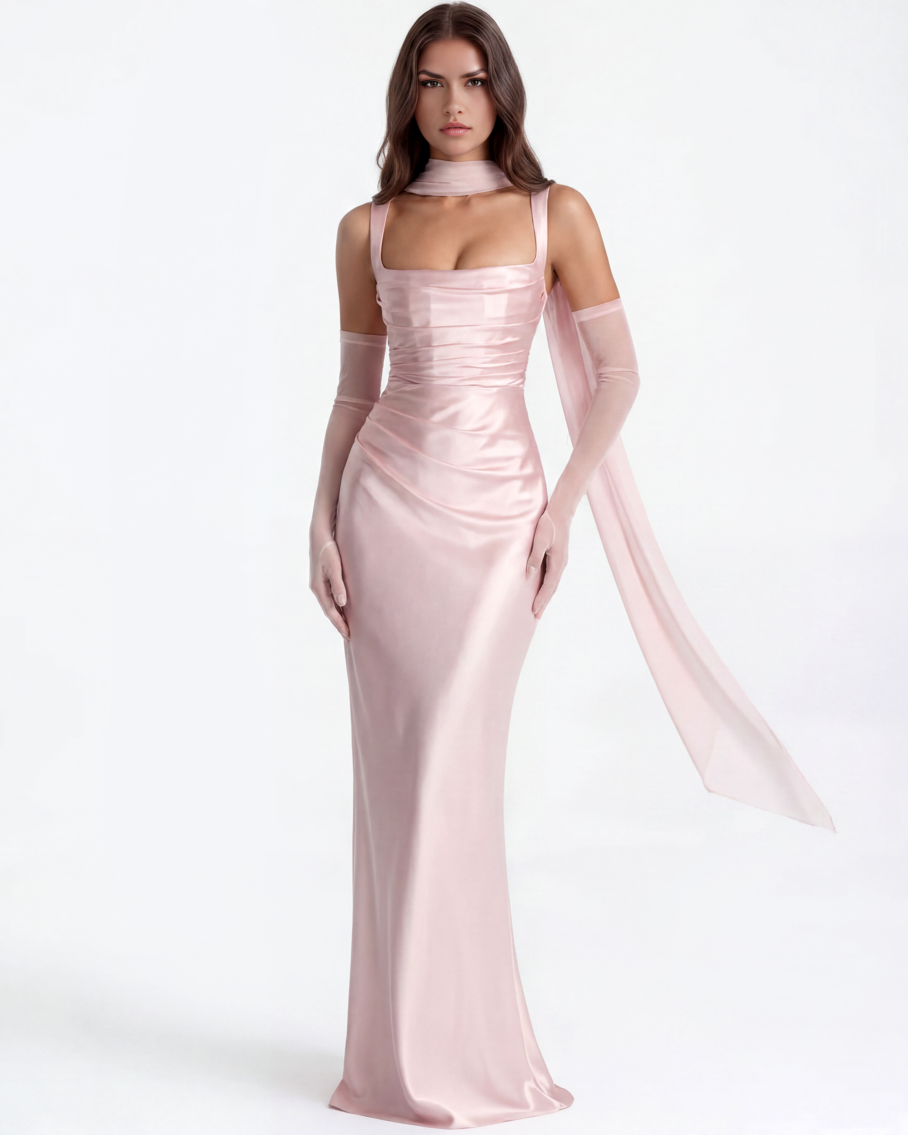 Adrienne Pleated Satin Maxi Wedding Guest Dress - Baby Pink - Ciel Cee