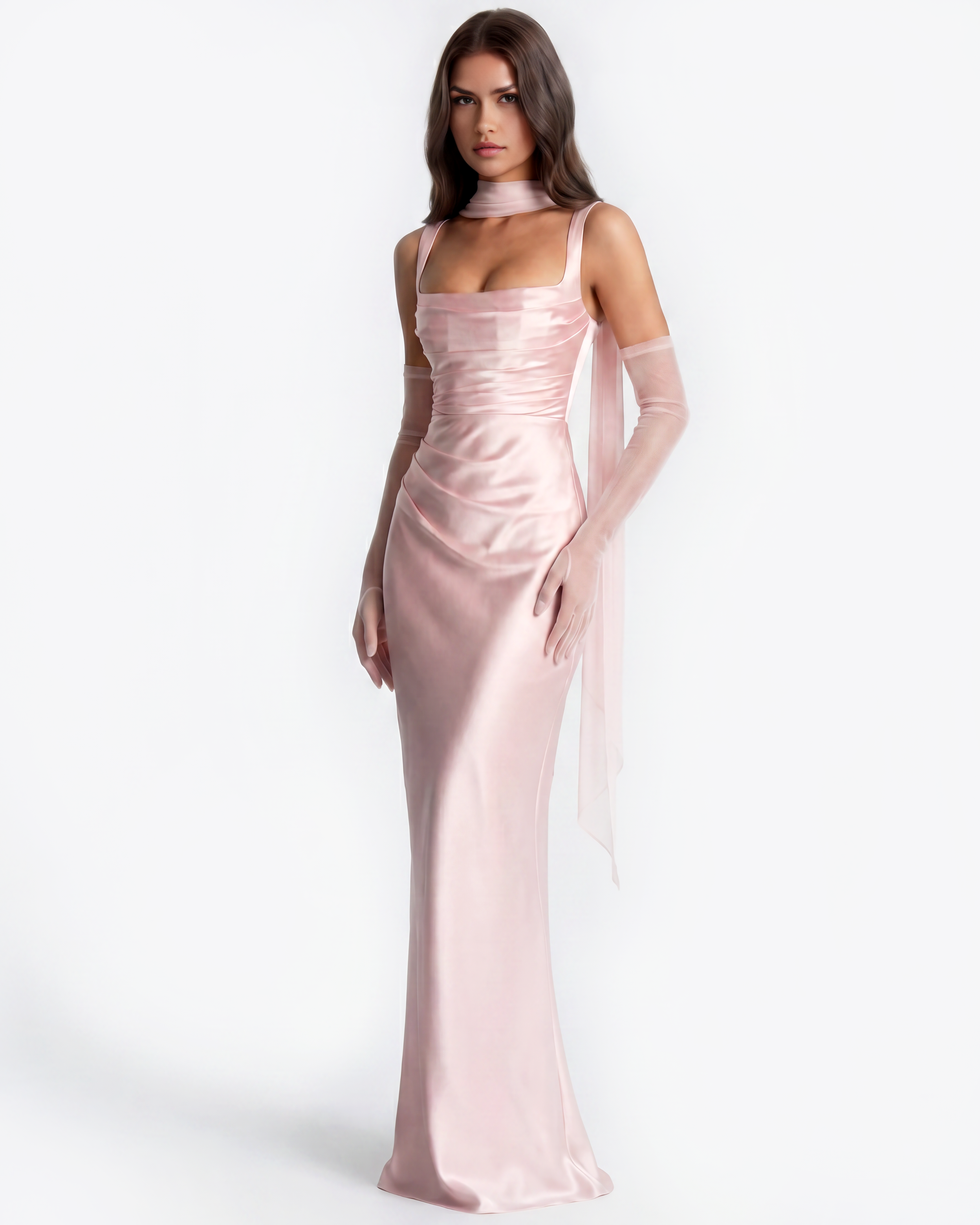 Adrienne Pleated Satin Maxi Wedding Guest Dress - Baby Pink - Ciel Cee