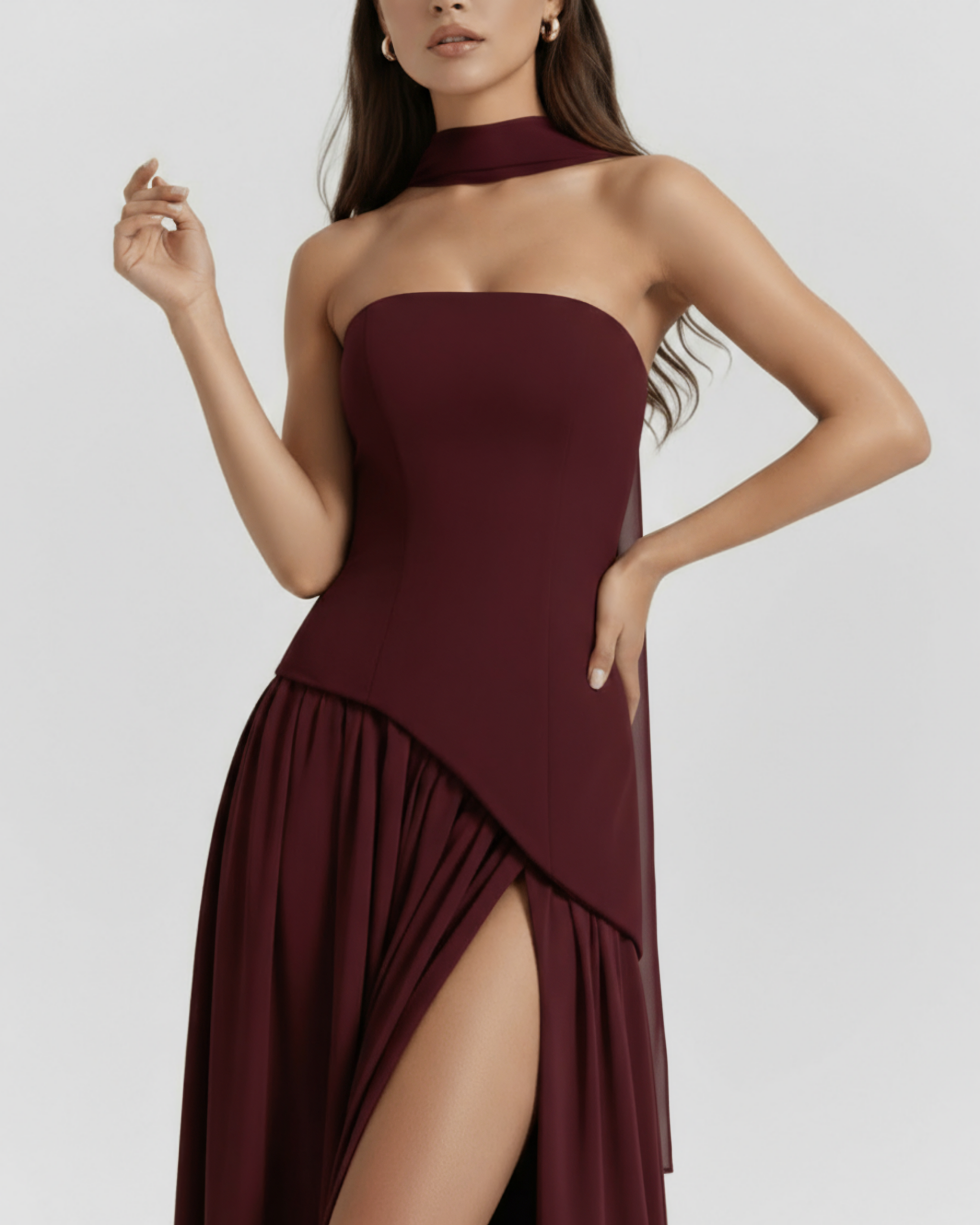 Serena Lace-Up Fitted Maxi Formal Dress - Deep Cherry Lacquer