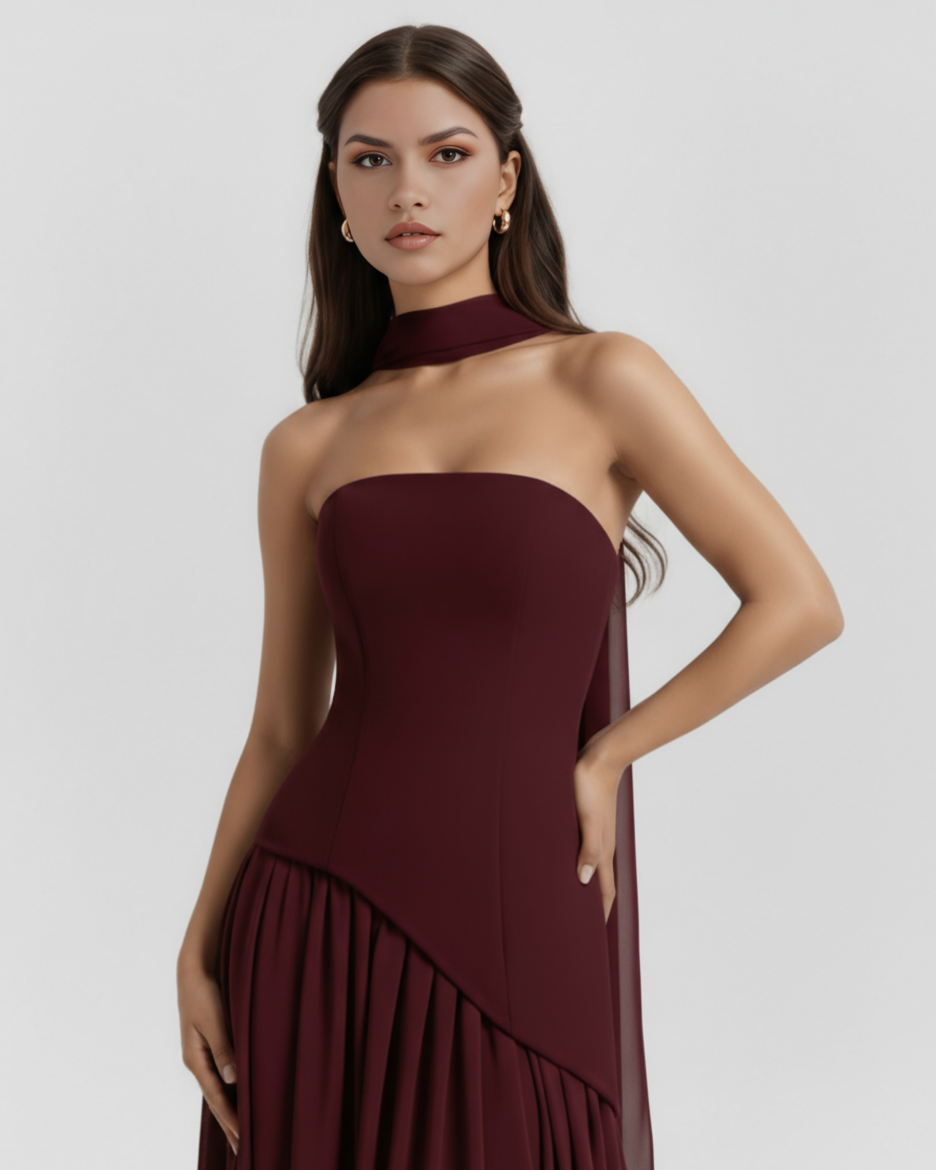 Serena Lace-Up Fitted Maxi Formal Dress - Deep Cherry Lacquer