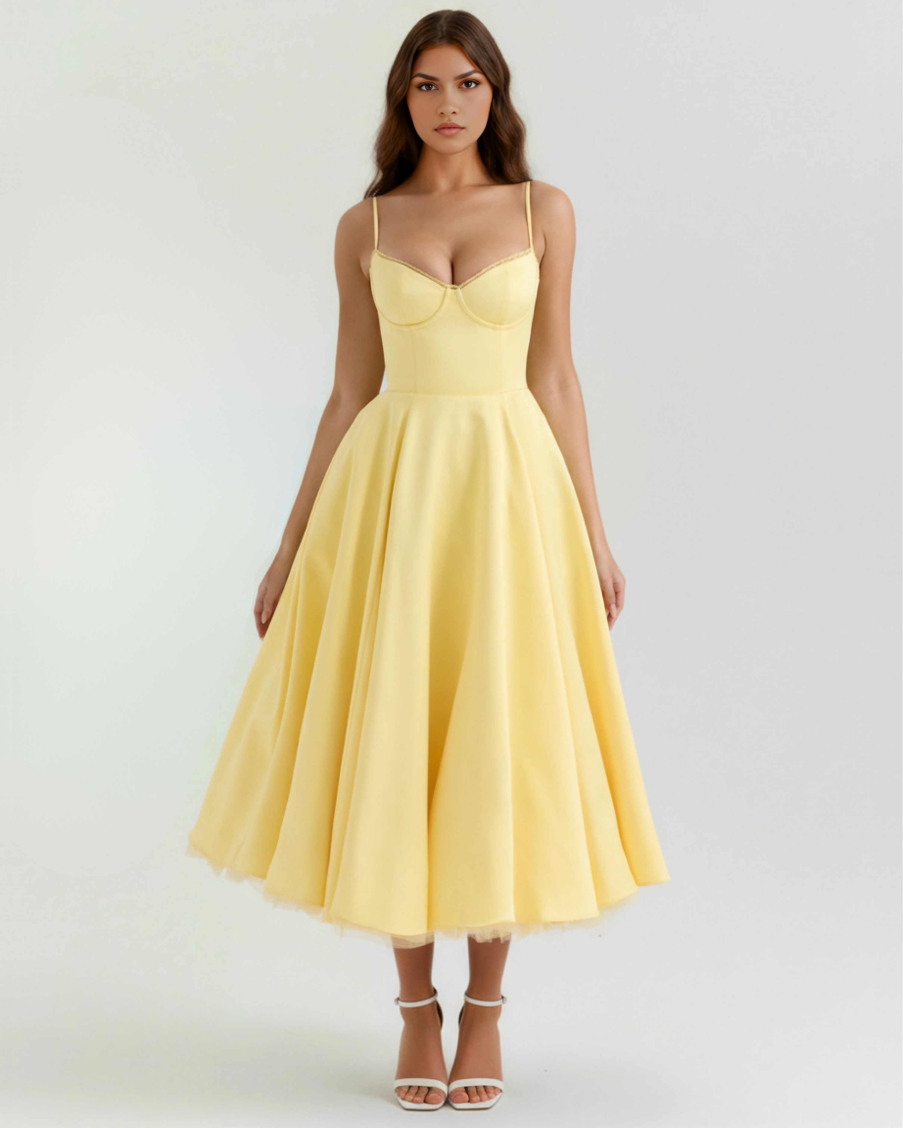 Selene Satin Mesh Midi Wedding Guest Dress - Ivory