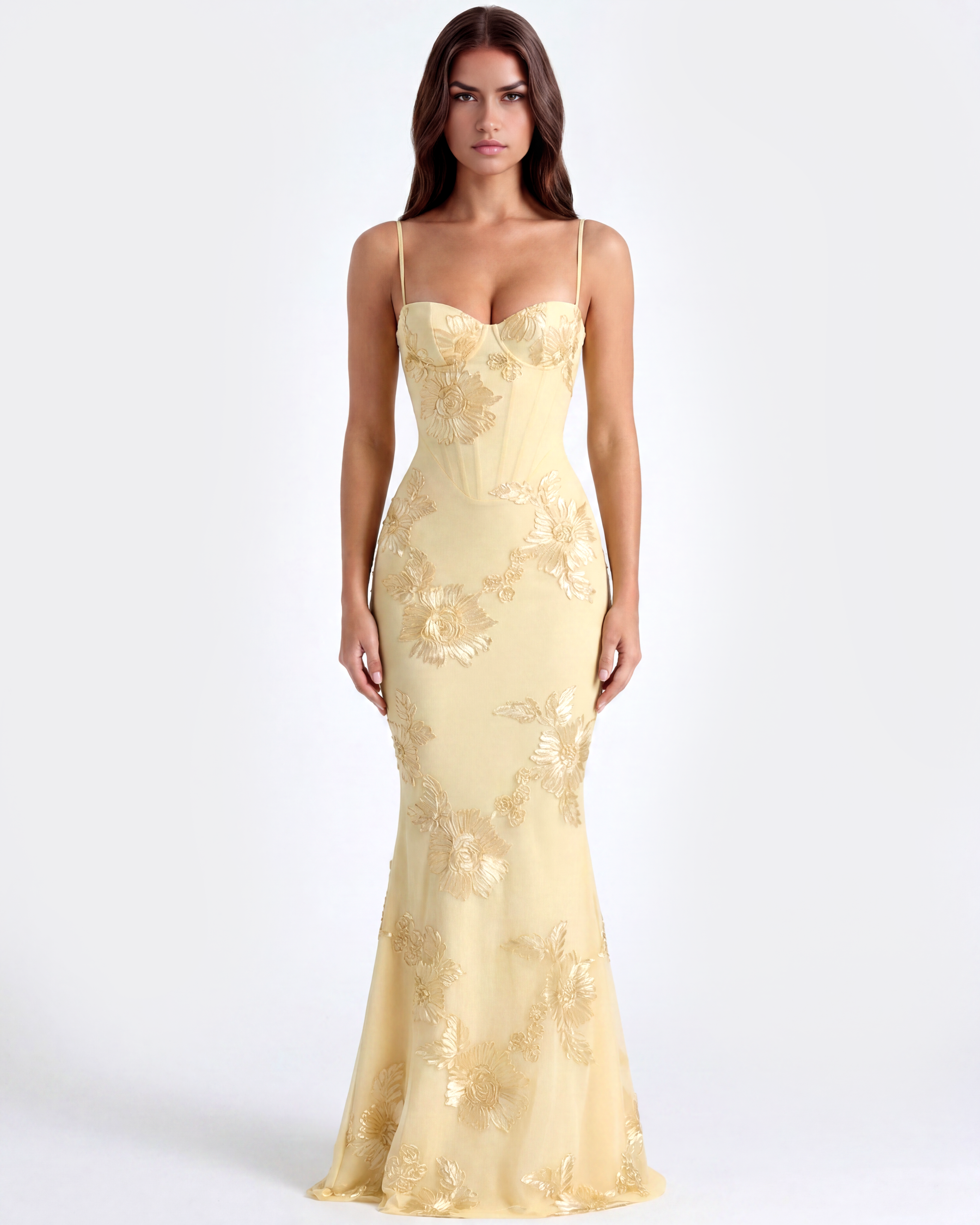 Celeste Floral Mesh Maxi Wedding Guest Dress - Lemon