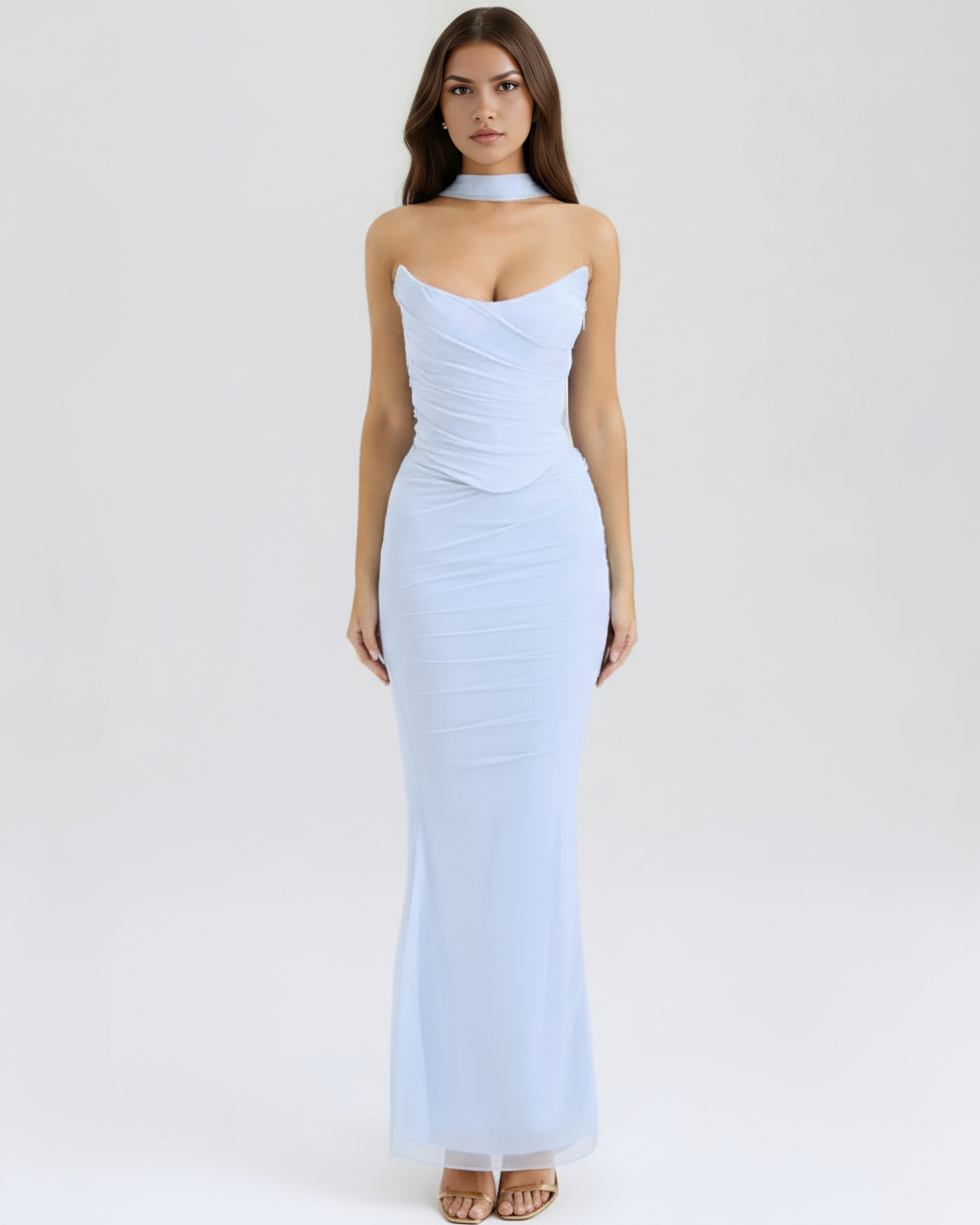 Malu Mesh Ruched Maxi Evening Dress - Black