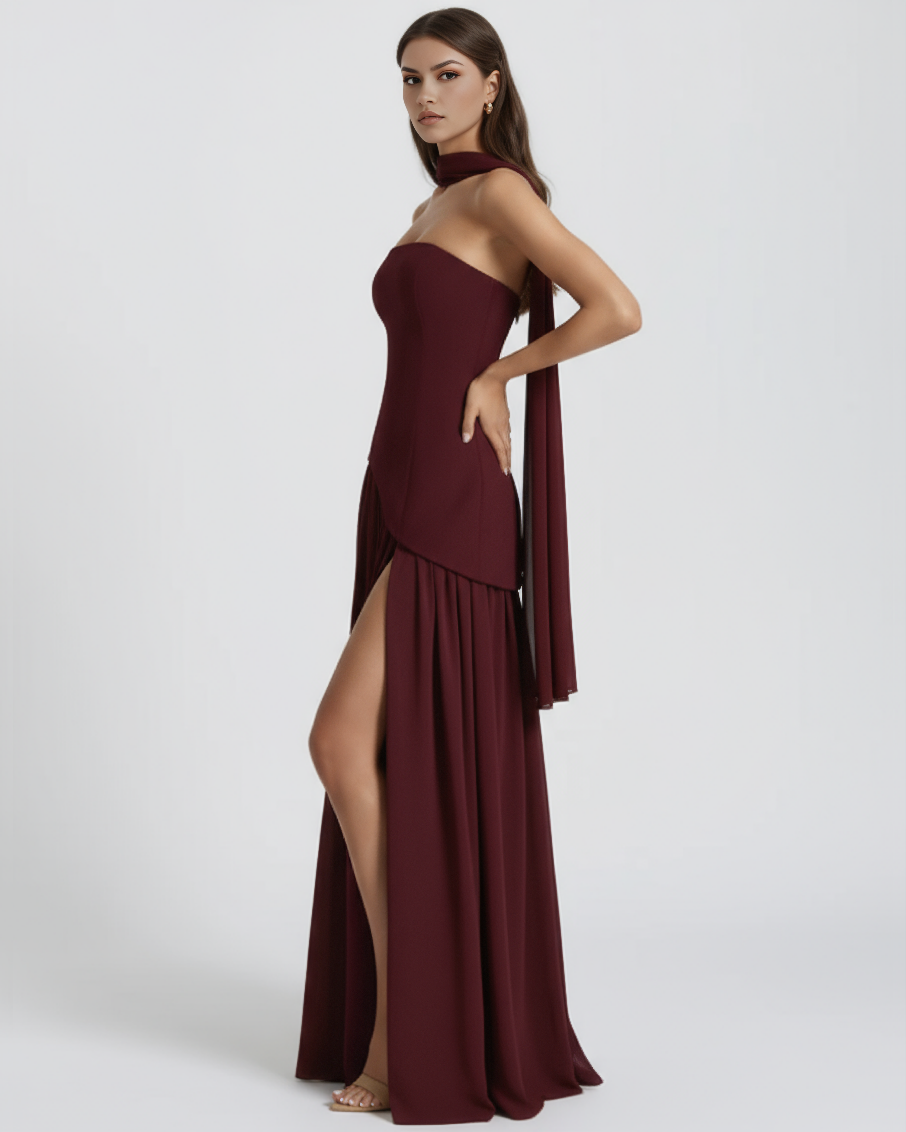Serena Lace-Up Fitted Maxi Formal Dress - Deep Cherry Lacquer
