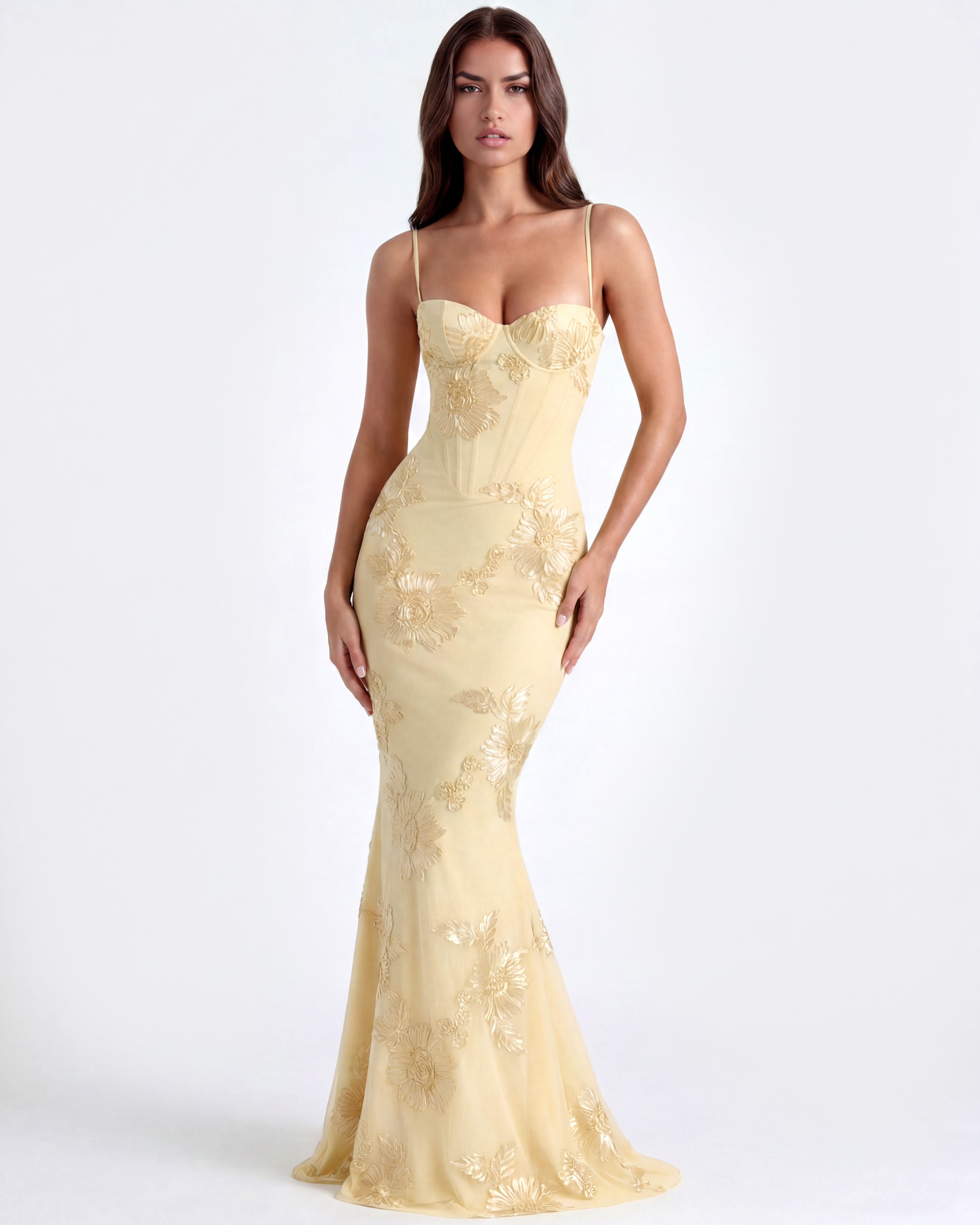 Celeste Floral Mesh Maxi Wedding Guest Dress - Lemon