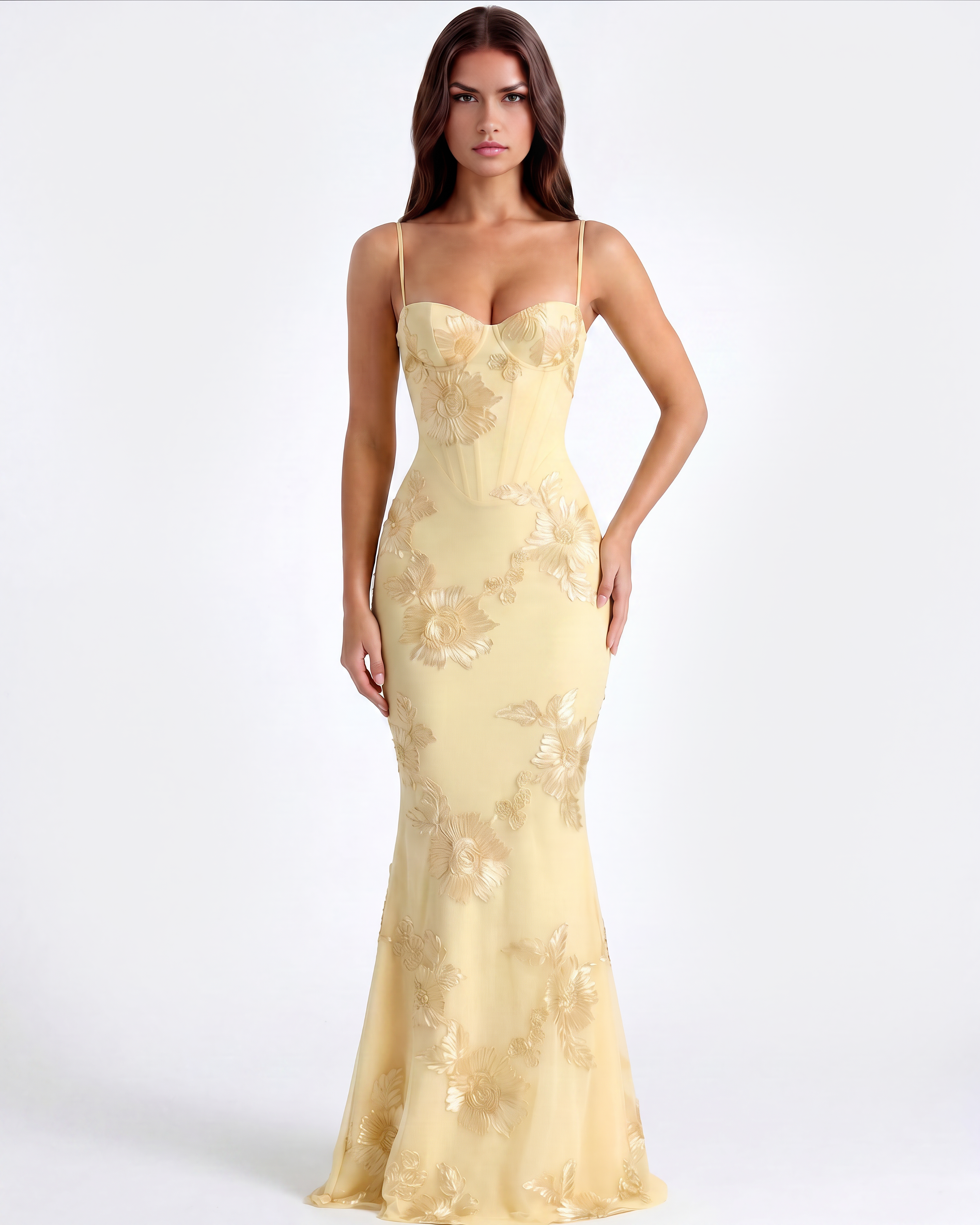 Celeste Floral Mesh Maxi Wedding Guest Dress - Lemon