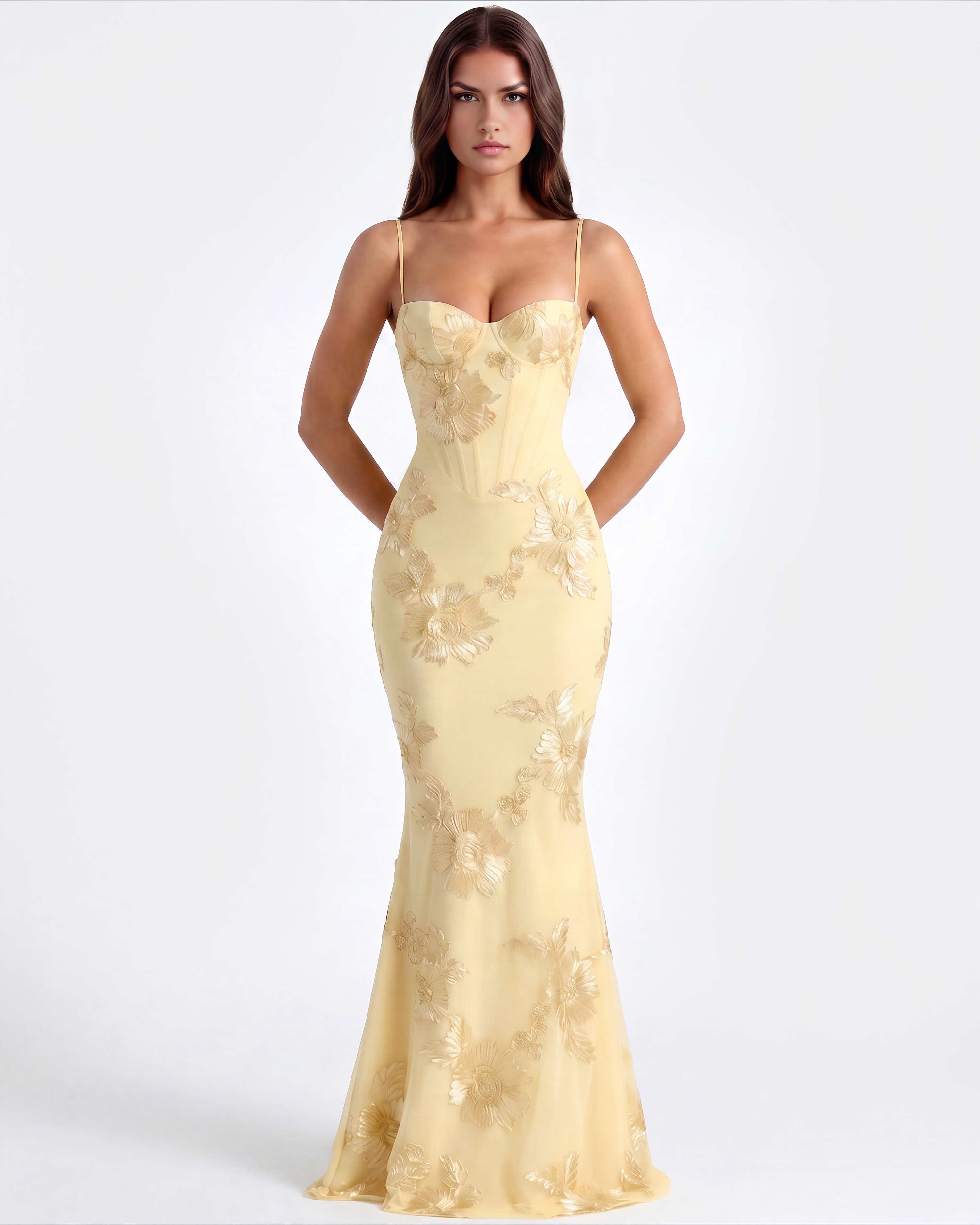Celeste Floral Mesh Maxi Wedding Guest Dress - Lemon