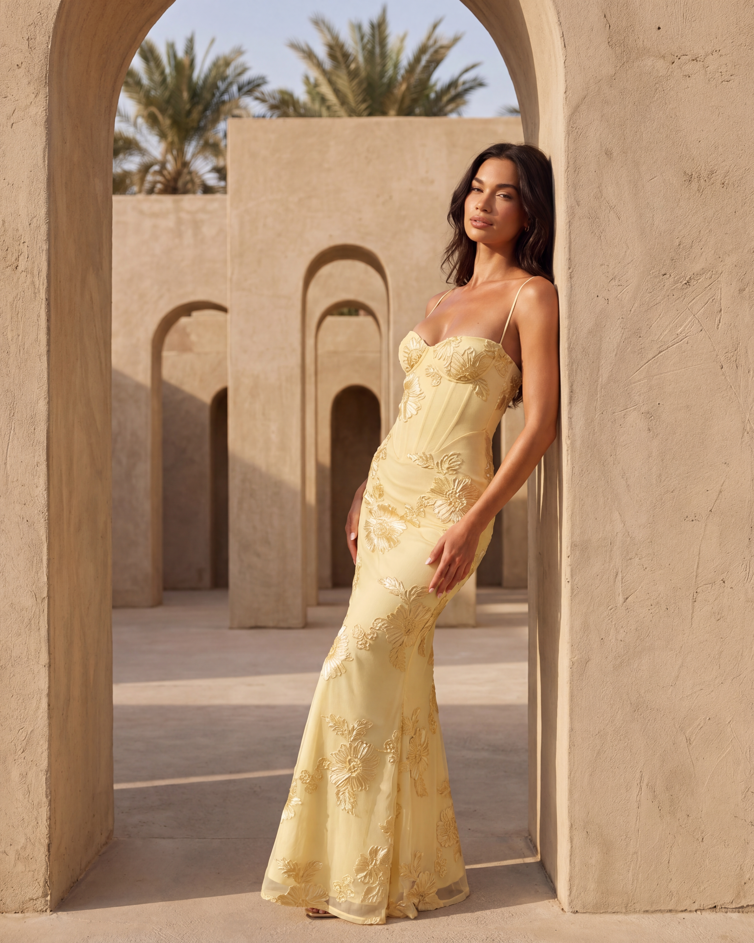 Celeste Floral Mesh Maxi Wedding Guest Dress - Lemon