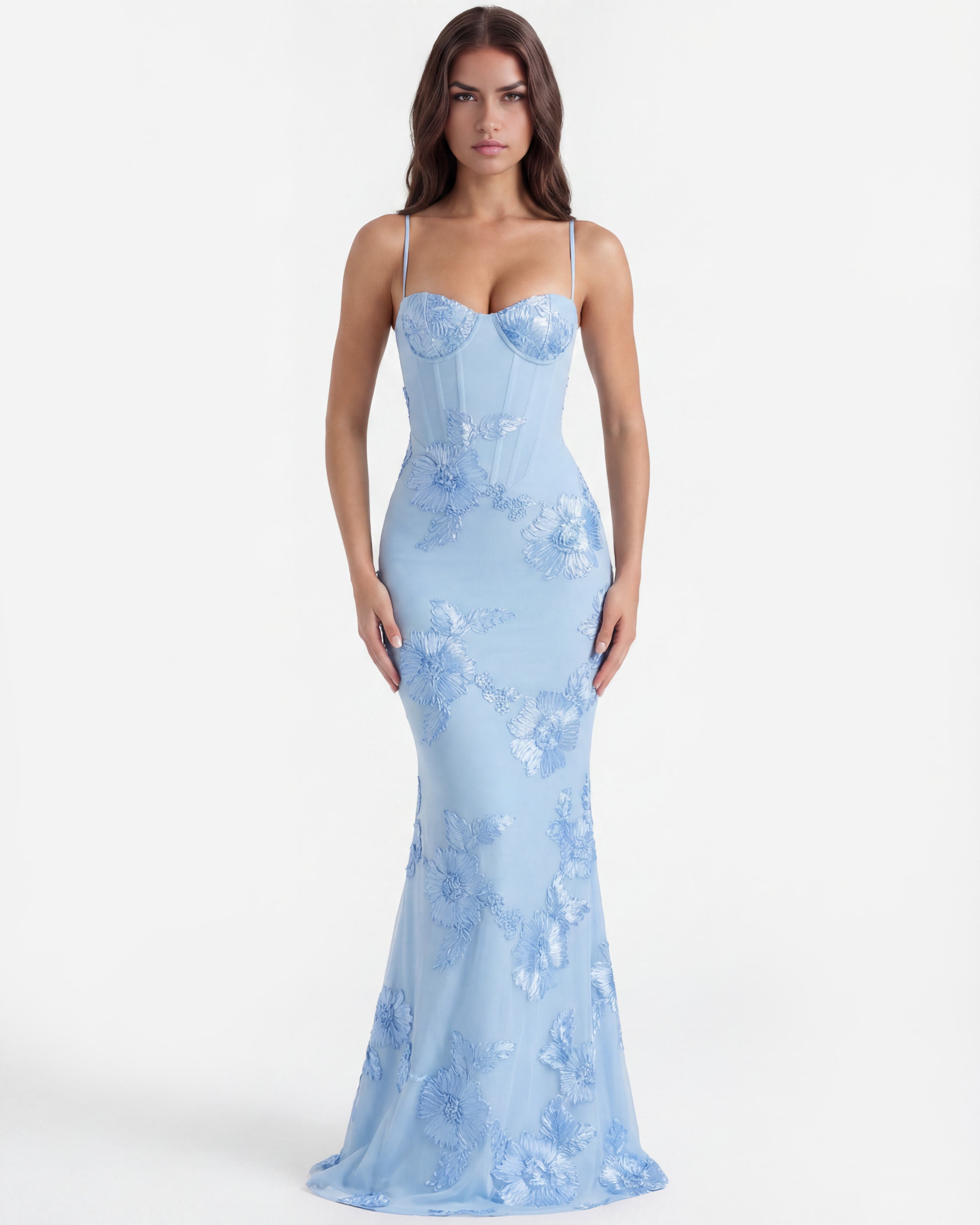 Celeste Floral Mesh Maxi Wedding Guest Dress - Baby Blue - Ciel Cee