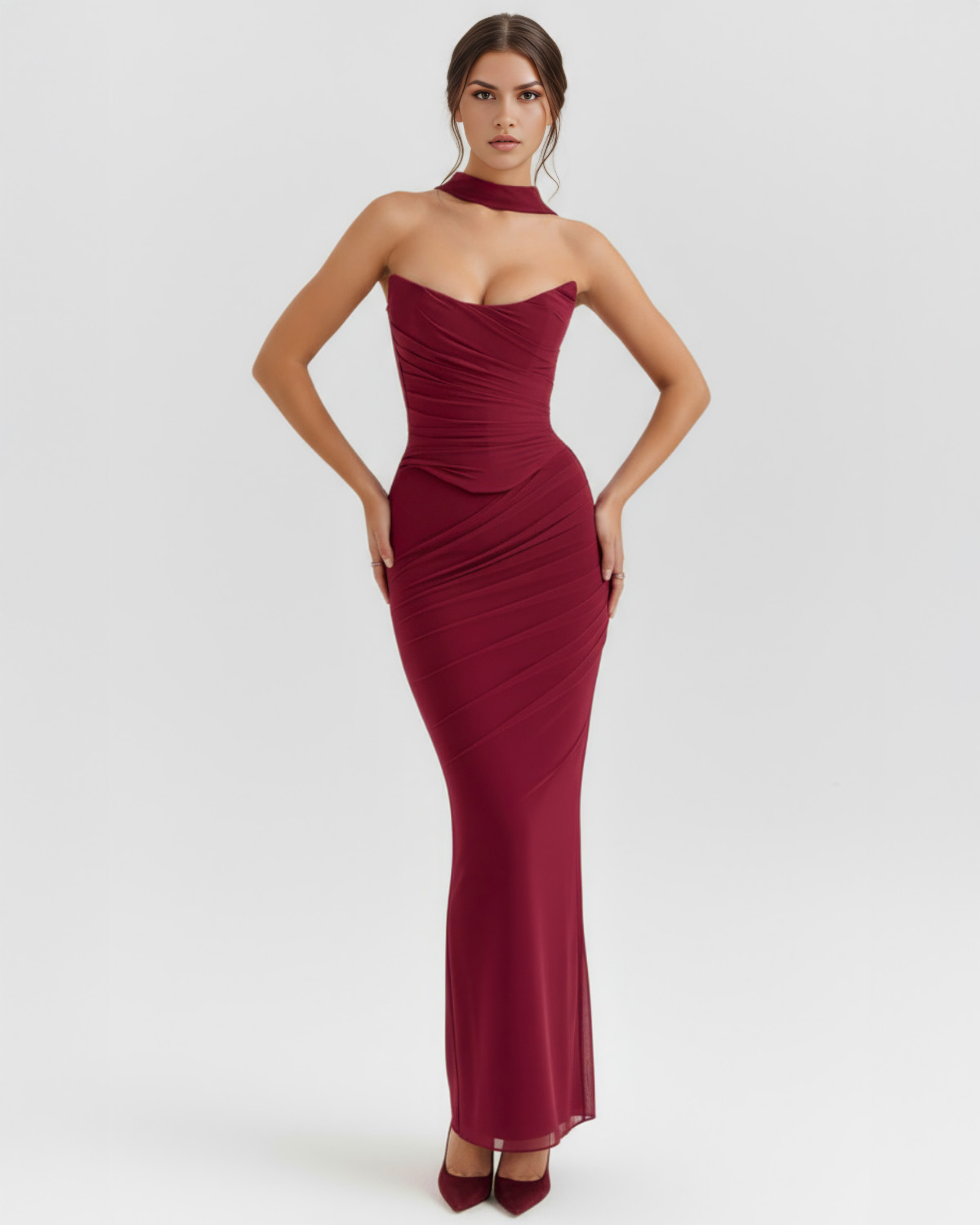 Malu Mesh Ruched Maxi Evening Dress - Black