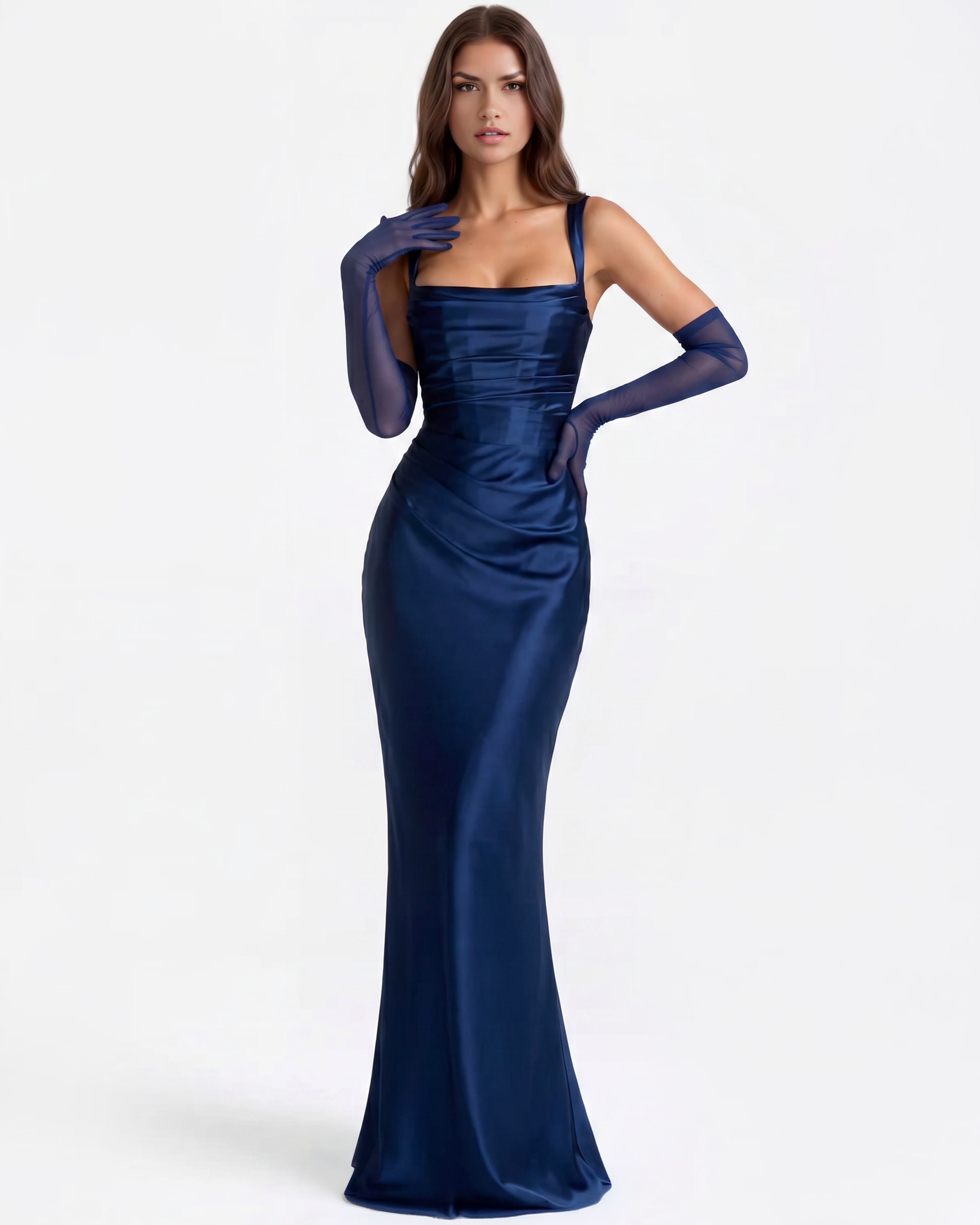 Adrienne Pleated Satin Maxi Formal Dress - Navy - Ciel Cee
