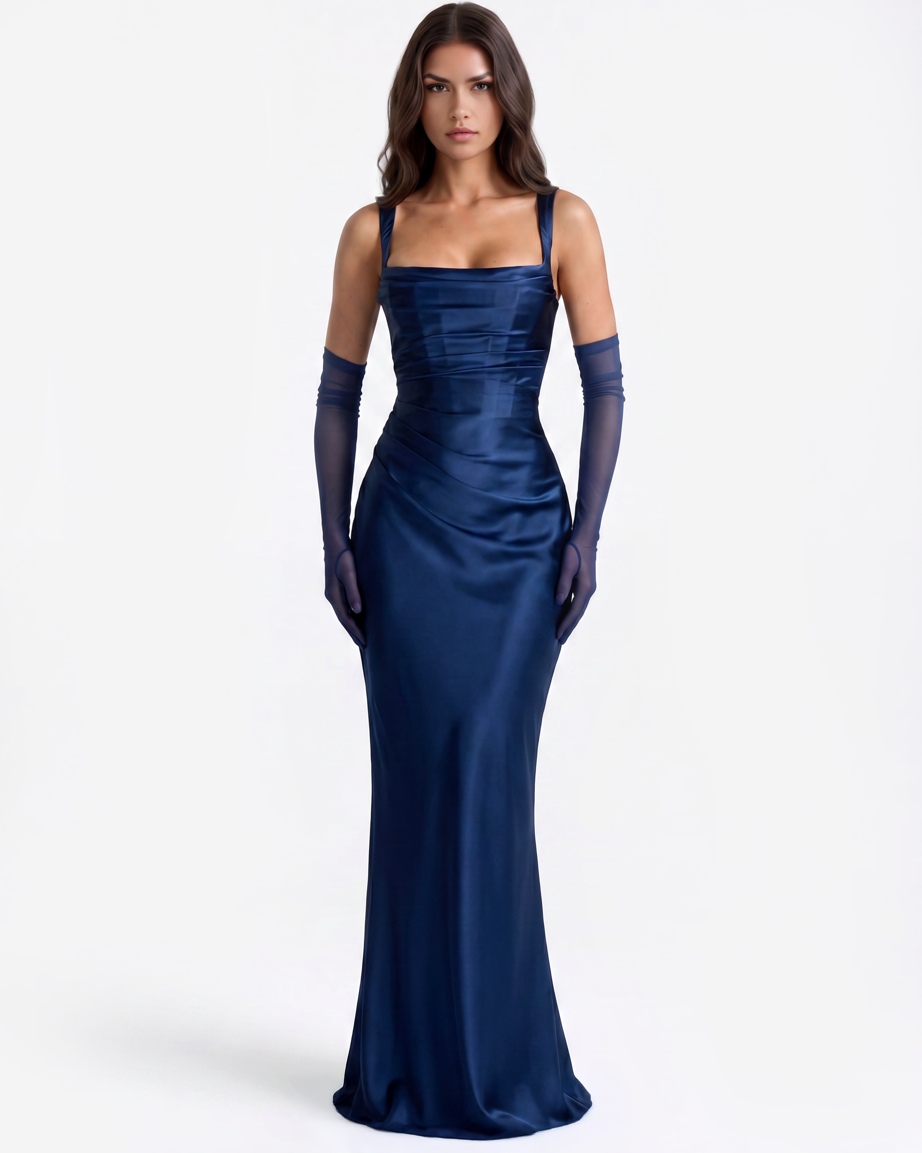 Adrienne Pleated Satin Maxi Formal Dress - Navy - Ciel Cee