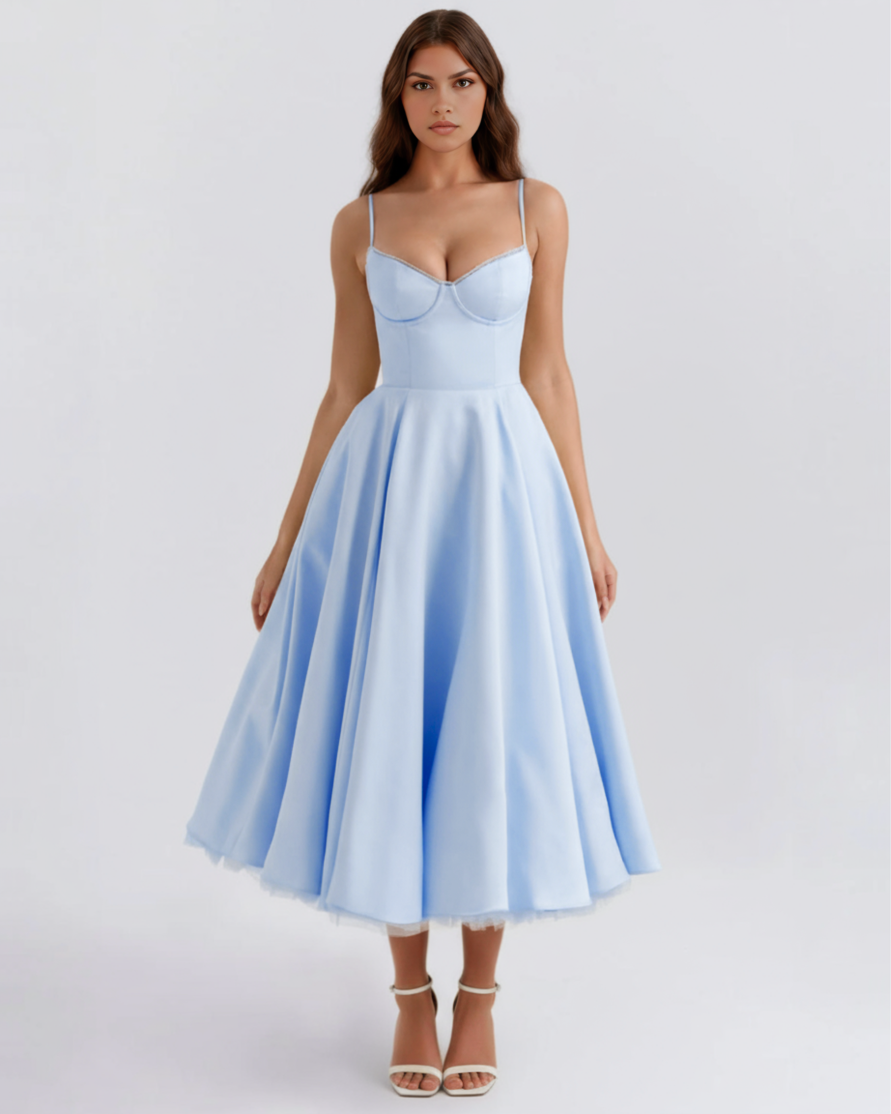 Selene Satin Mesh Midi Wedding Guest Dress - Ivory