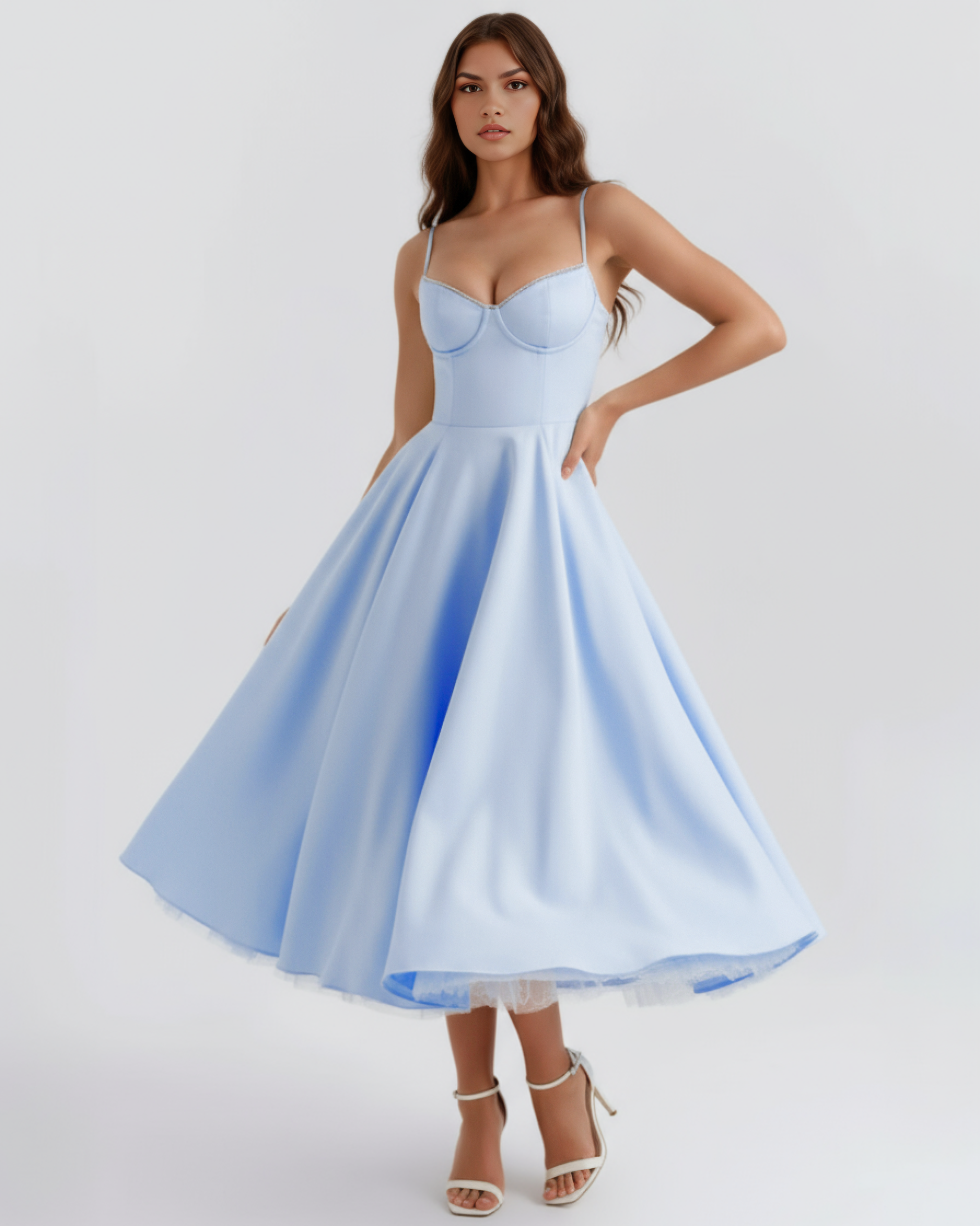 Selene Satin Mesh Midi Wedding Guest Dress - Ivory