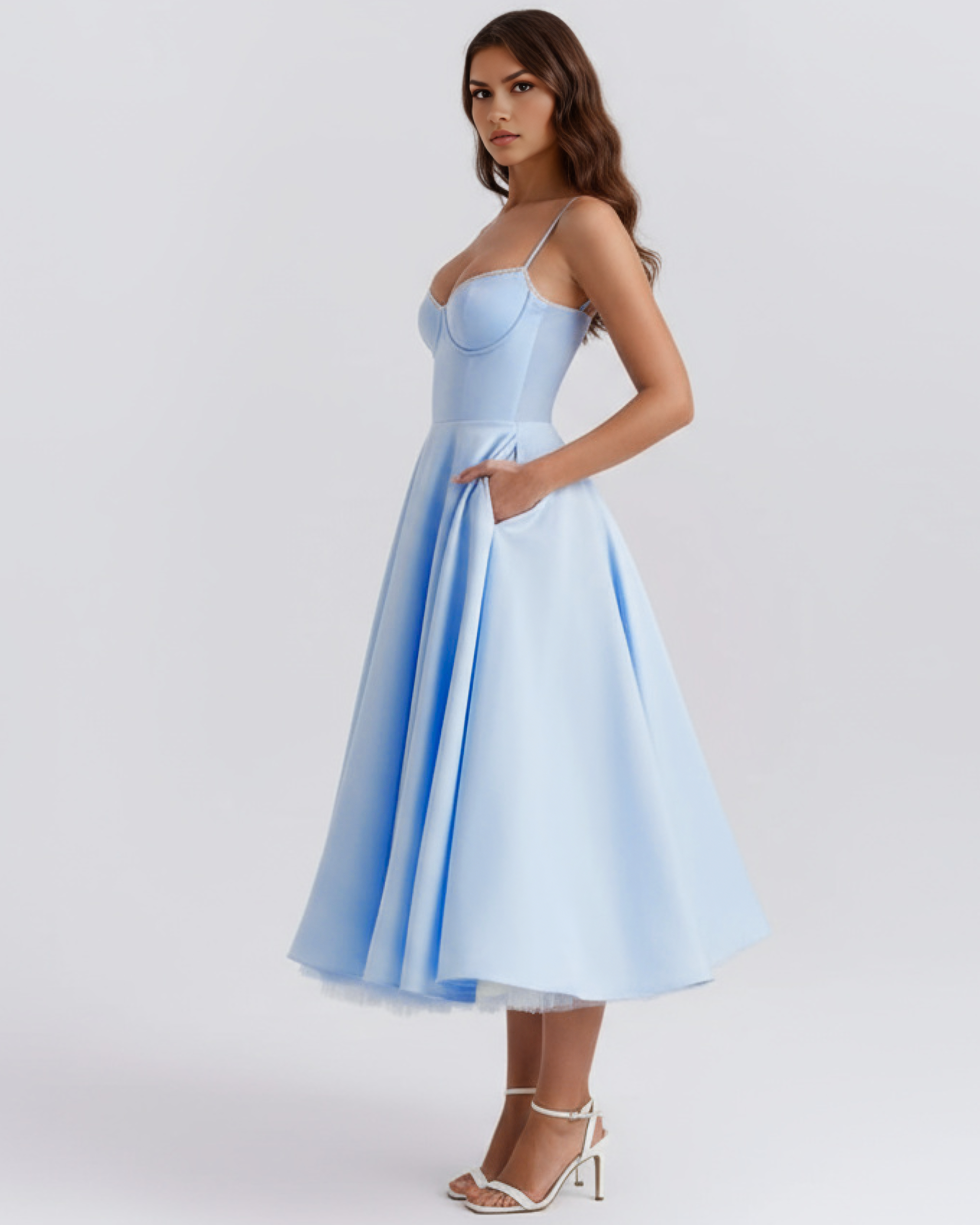 Selene Satin Mesh Midi Wedding Guest Dress - Ivory