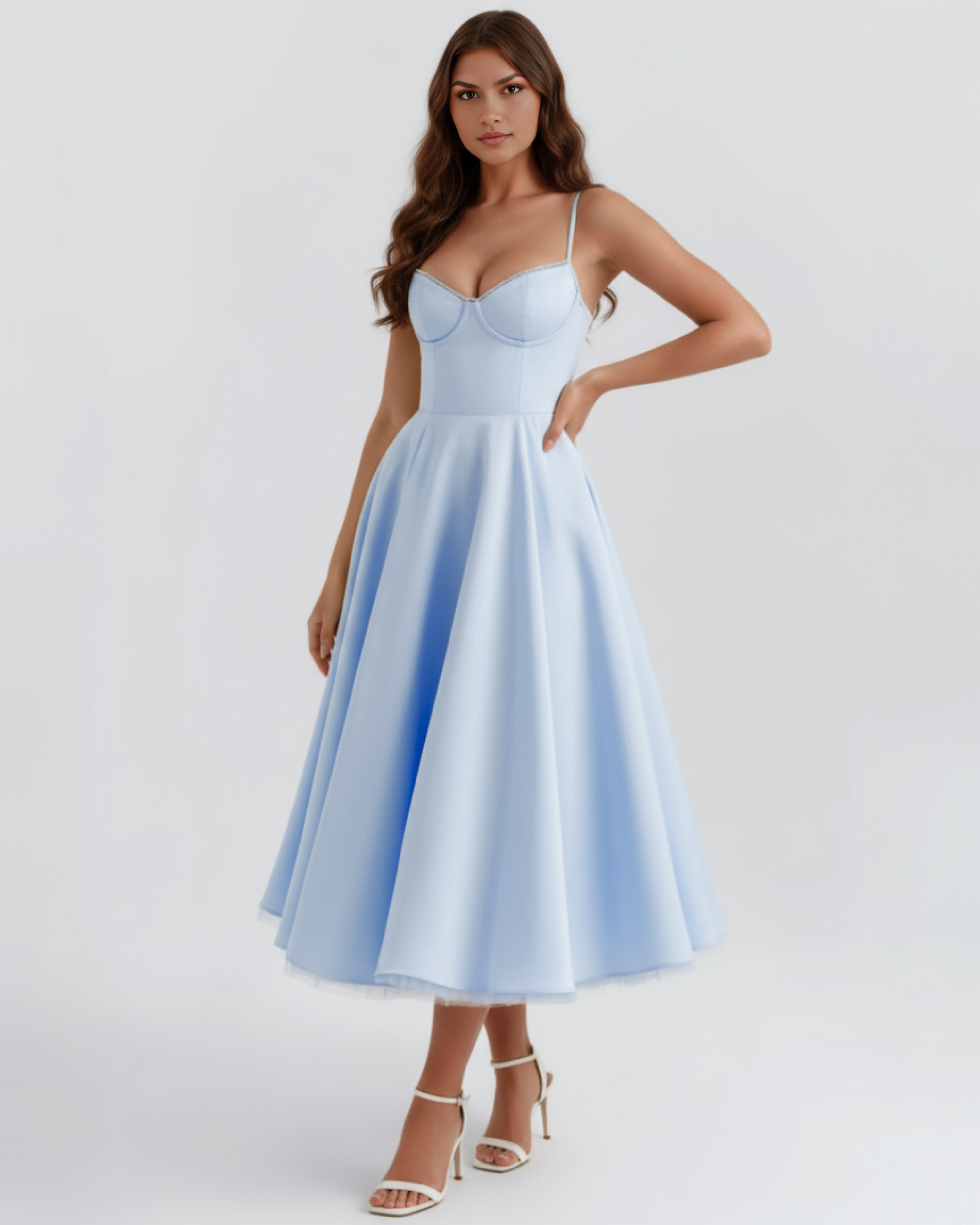 Selene Satin Mesh Midi Wedding Guest Dress - Champagne