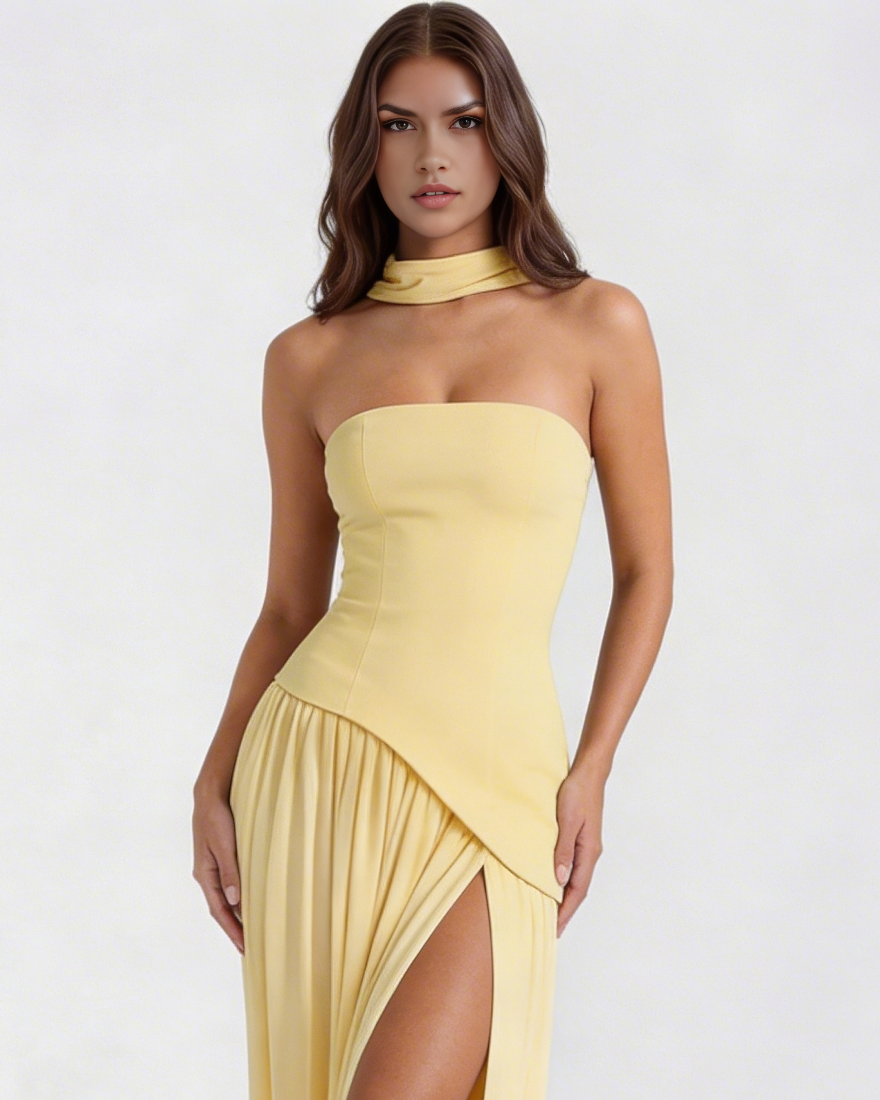 Serena Strapless Asymmetrical Maxi Wedding Guest Dress - Butter Yellow