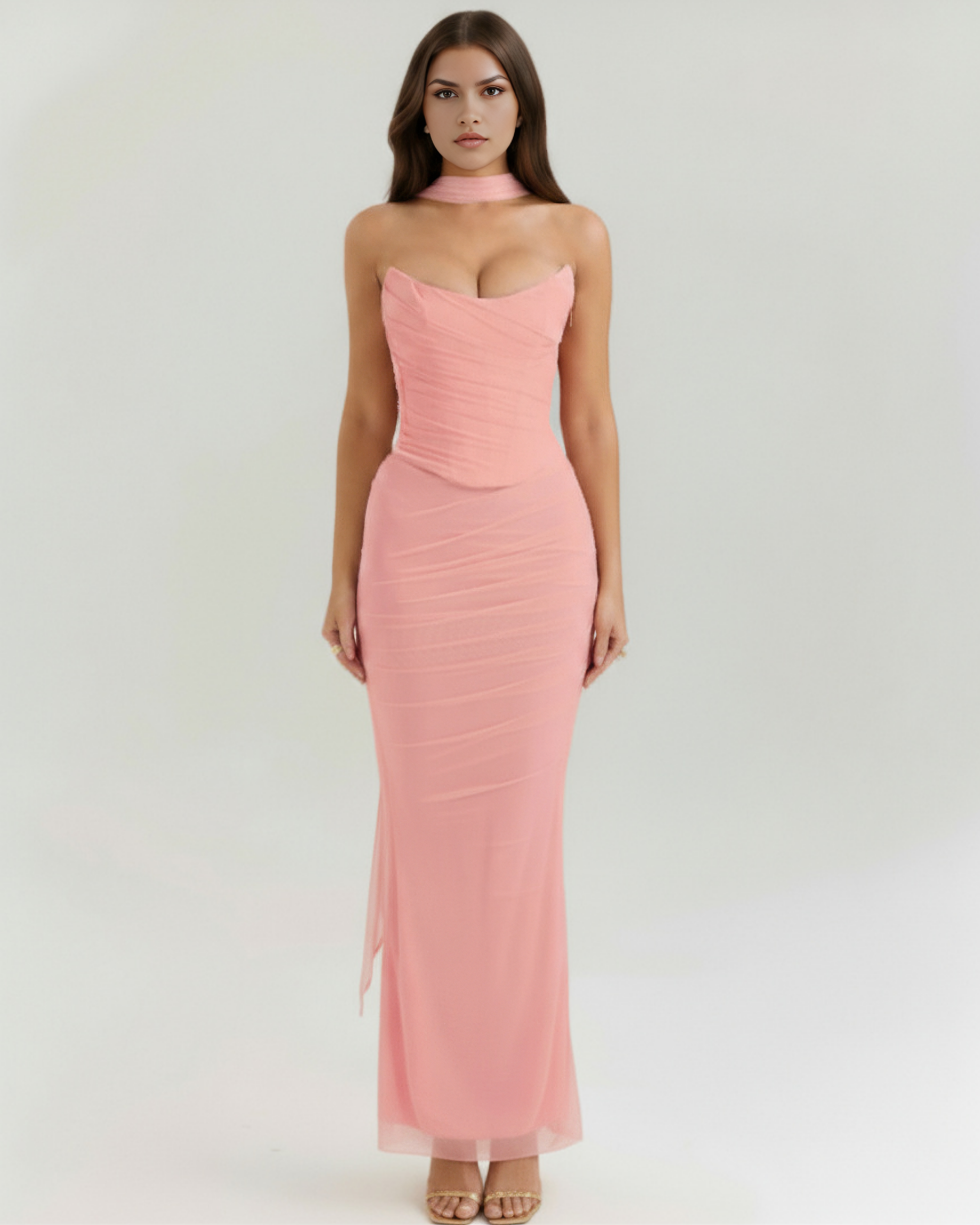 Malu Mesh Ruched Maxi Evening Dress - Black