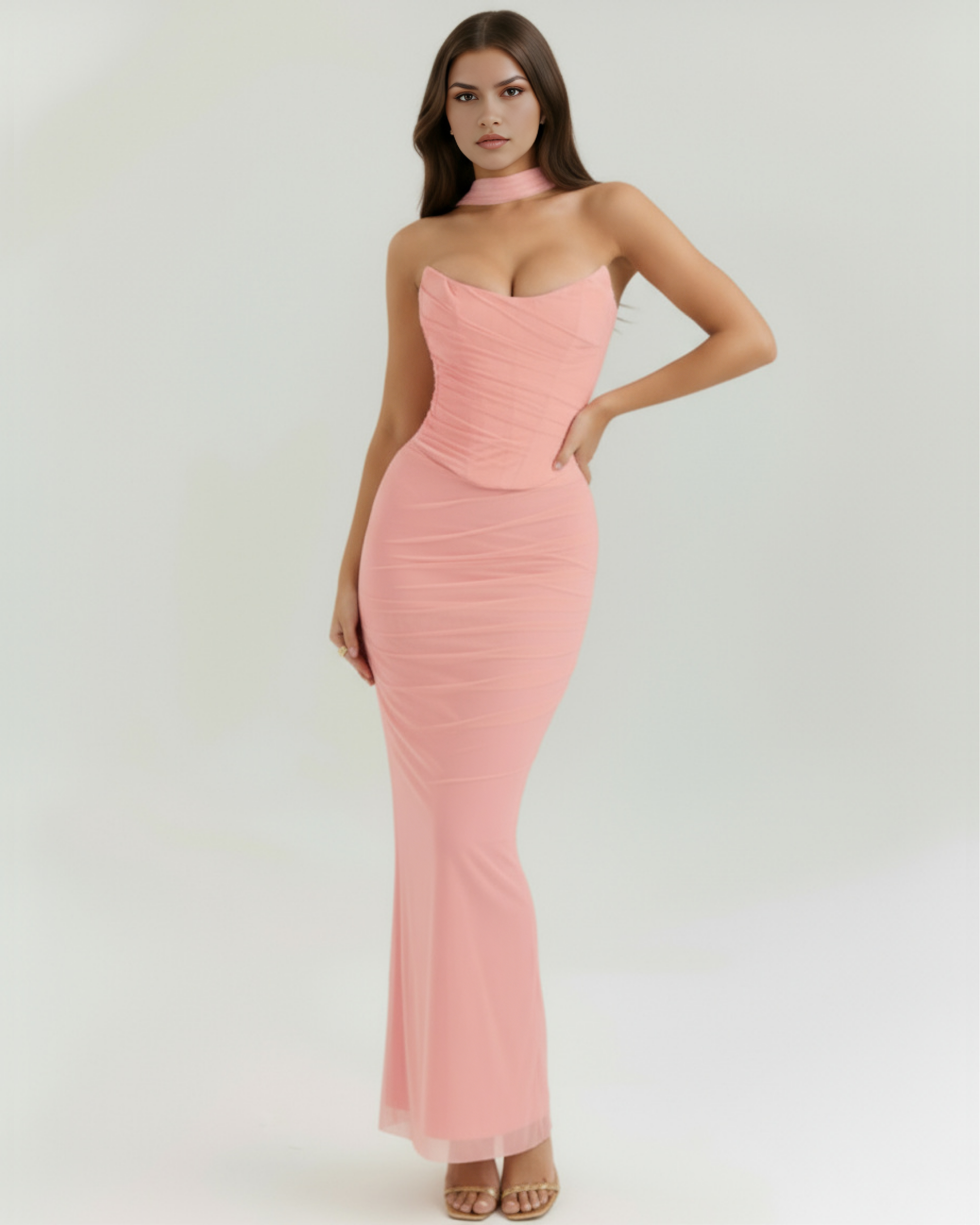 Malu Mesh Ruched Maxi Evening Dress - Black