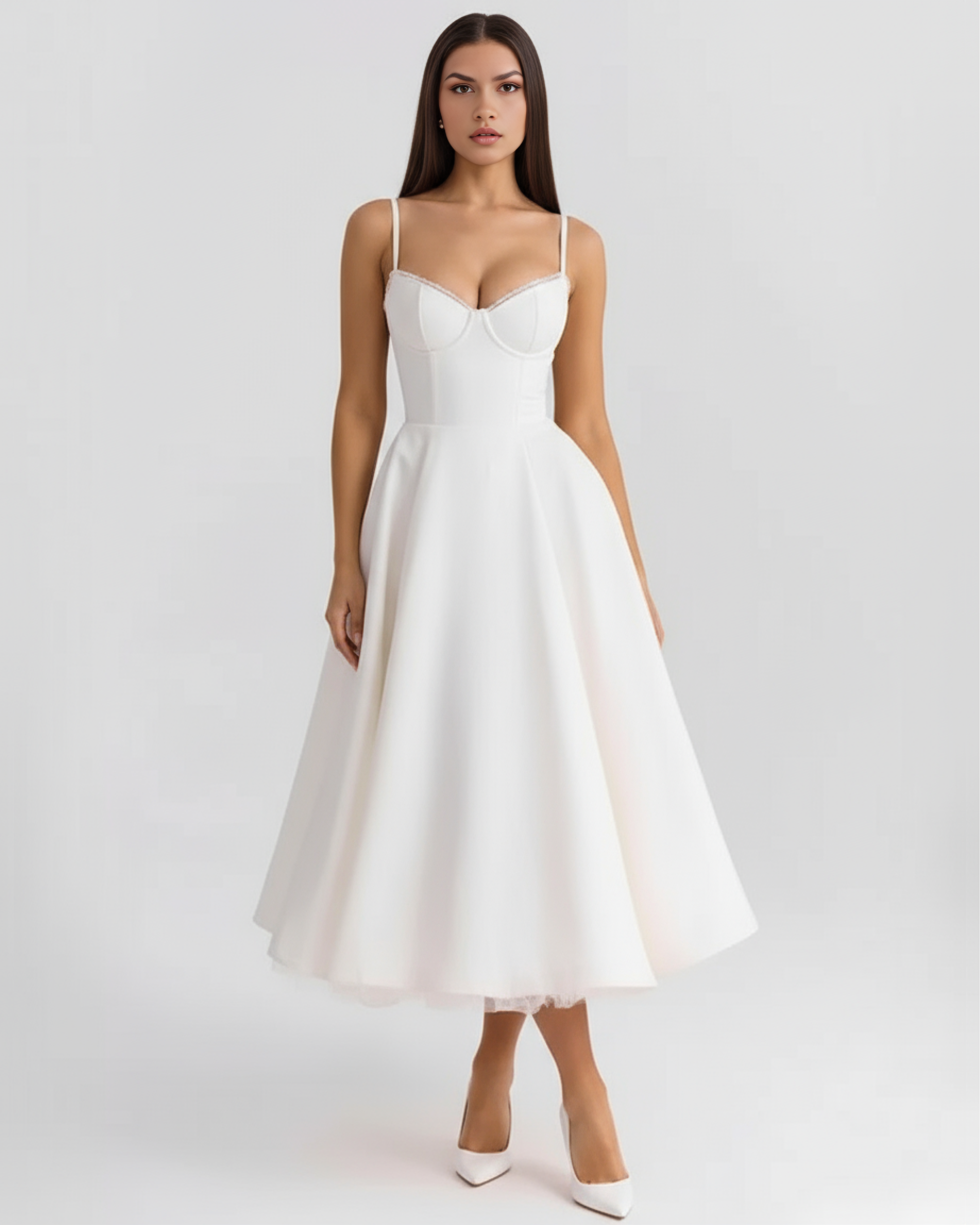 Selene Satin Mesh Midi Wedding Guest Dress - Champagne