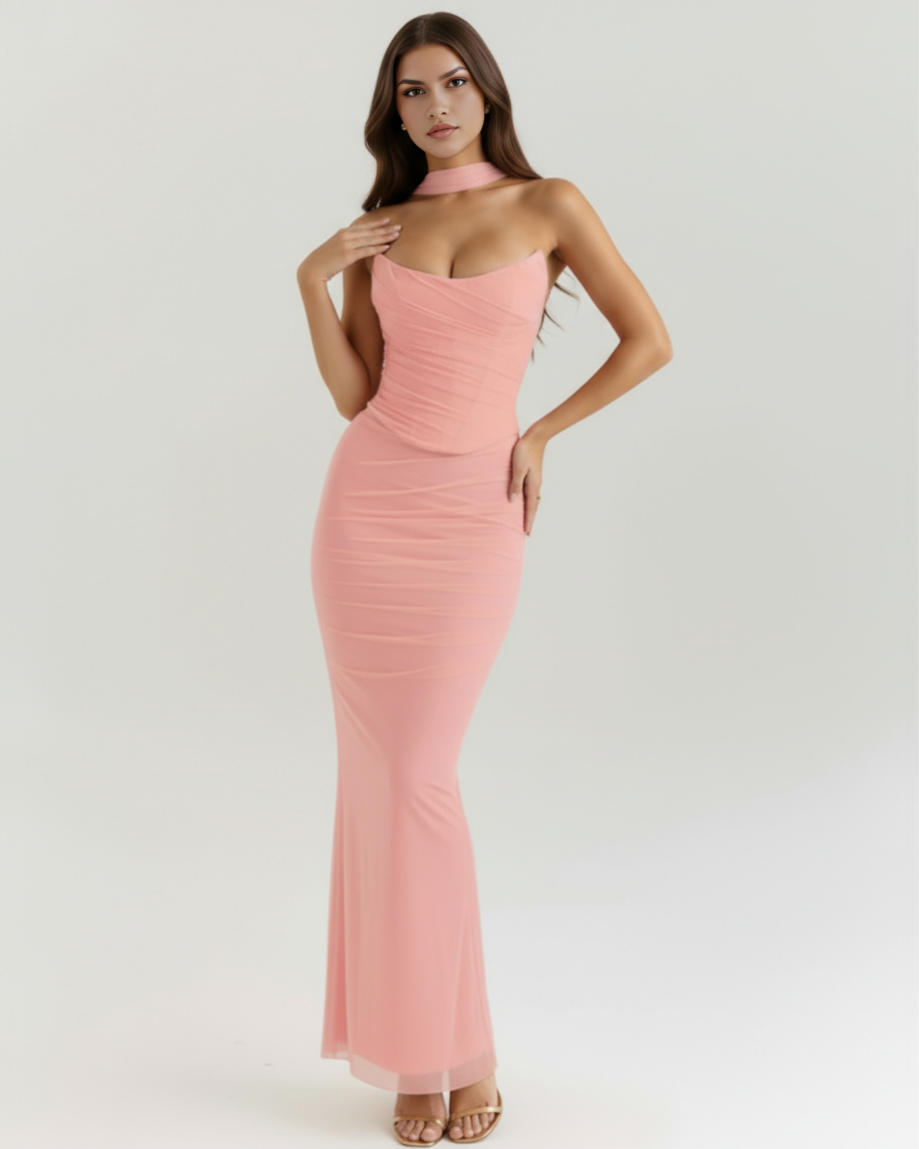 Malu Mesh Ruched Maxi Evening Dress - Black