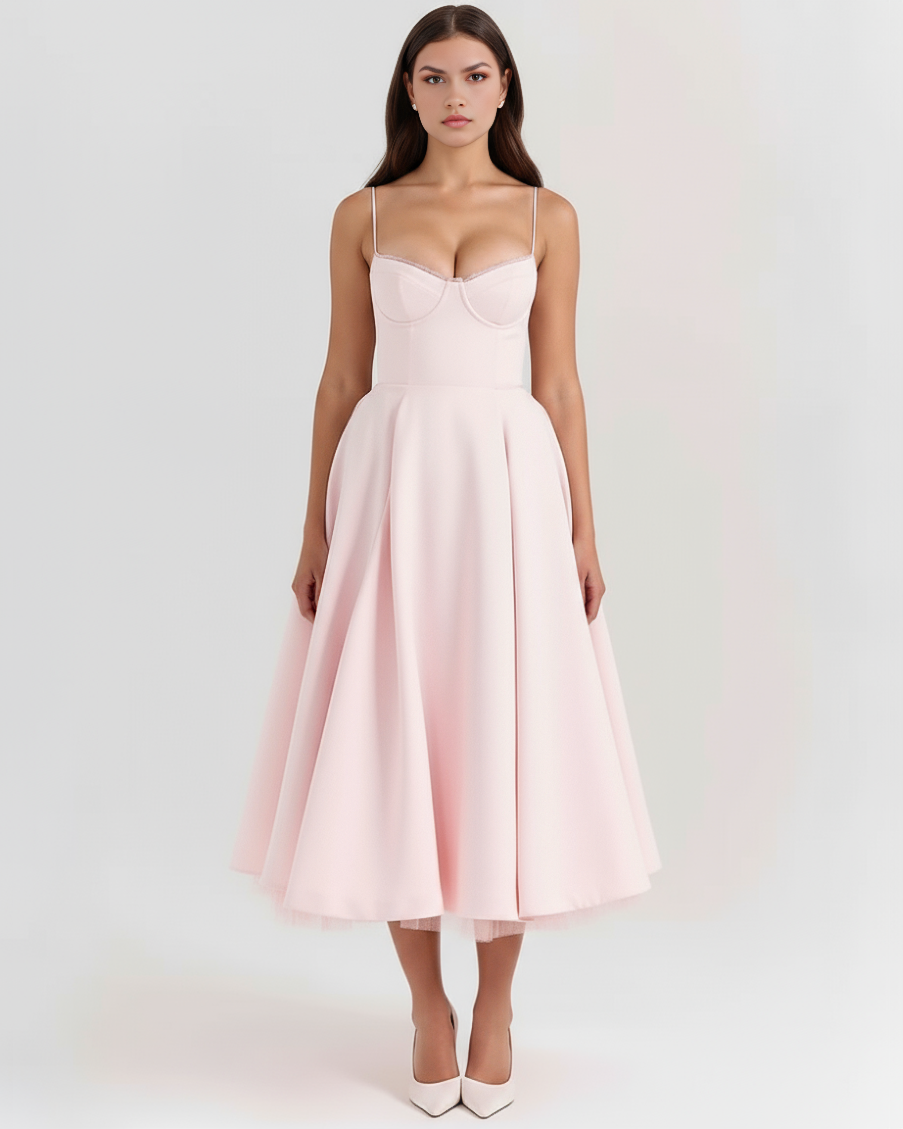 Selene Satin Mesh Midi Wedding Guest Dress - Champagne