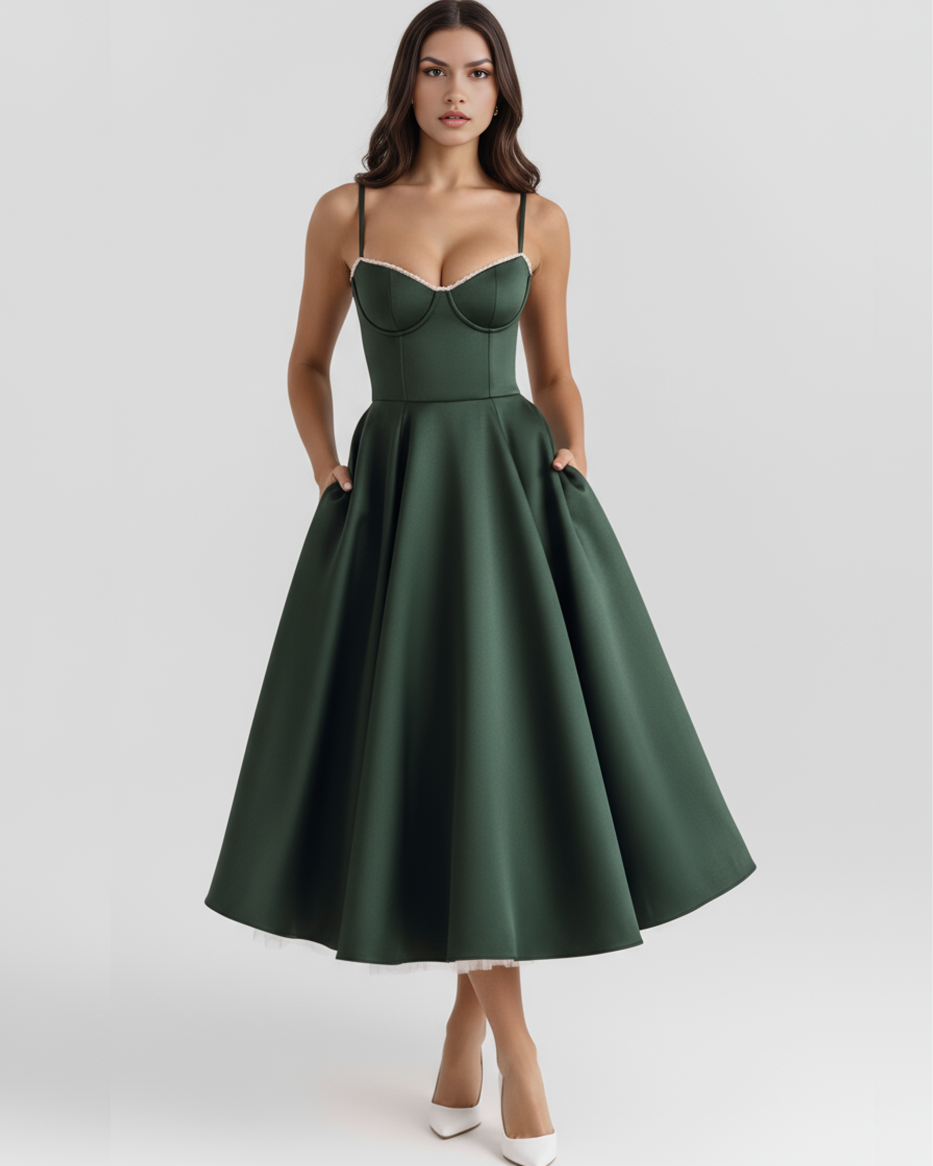 Selene Satin Mesh Midi Wedding Guest Dress - Ivory