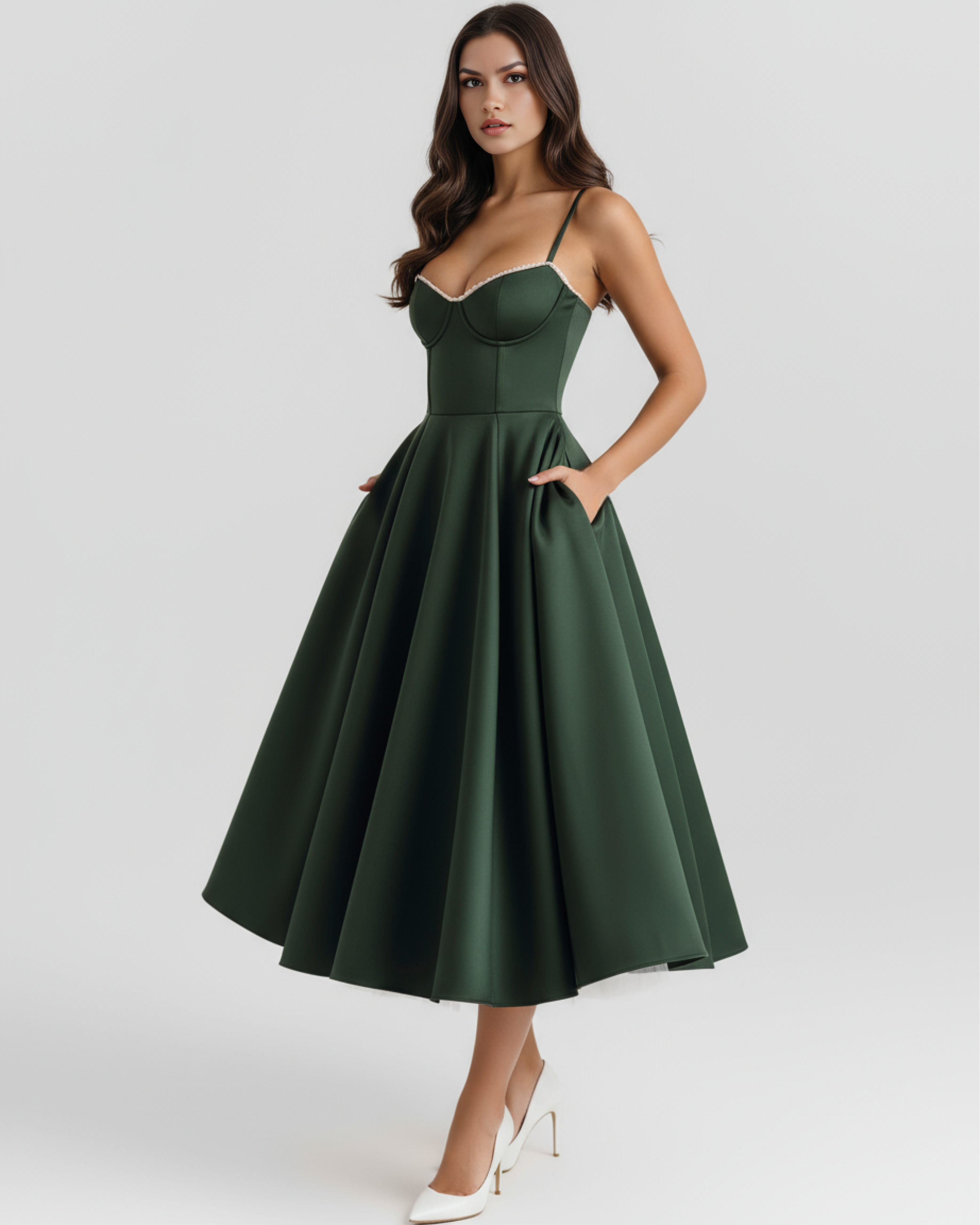 Selene Satin Mesh Midi Wedding Guest Dress - Ivory