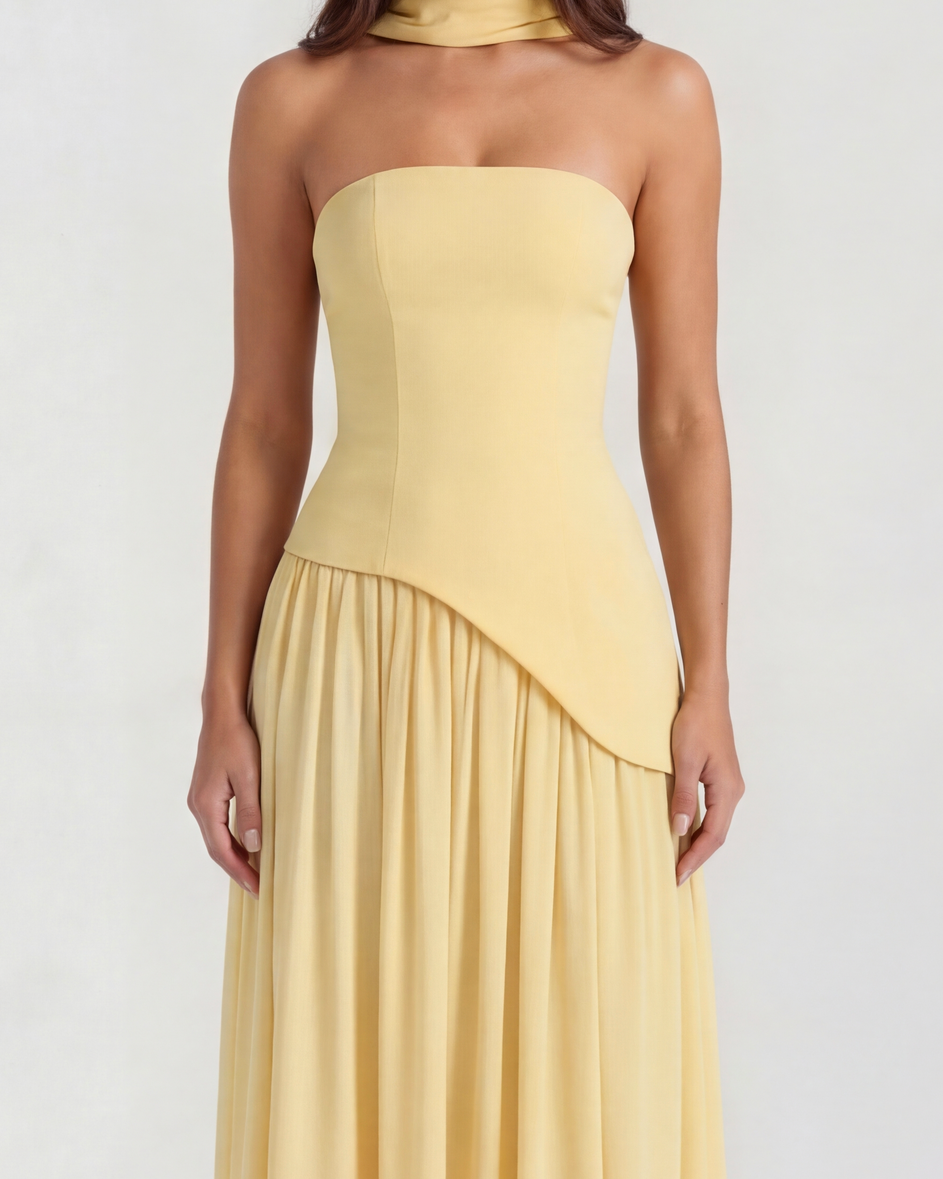 Serena Strapless Asymmetrical Maxi Wedding Guest Dress - Butter Yellow