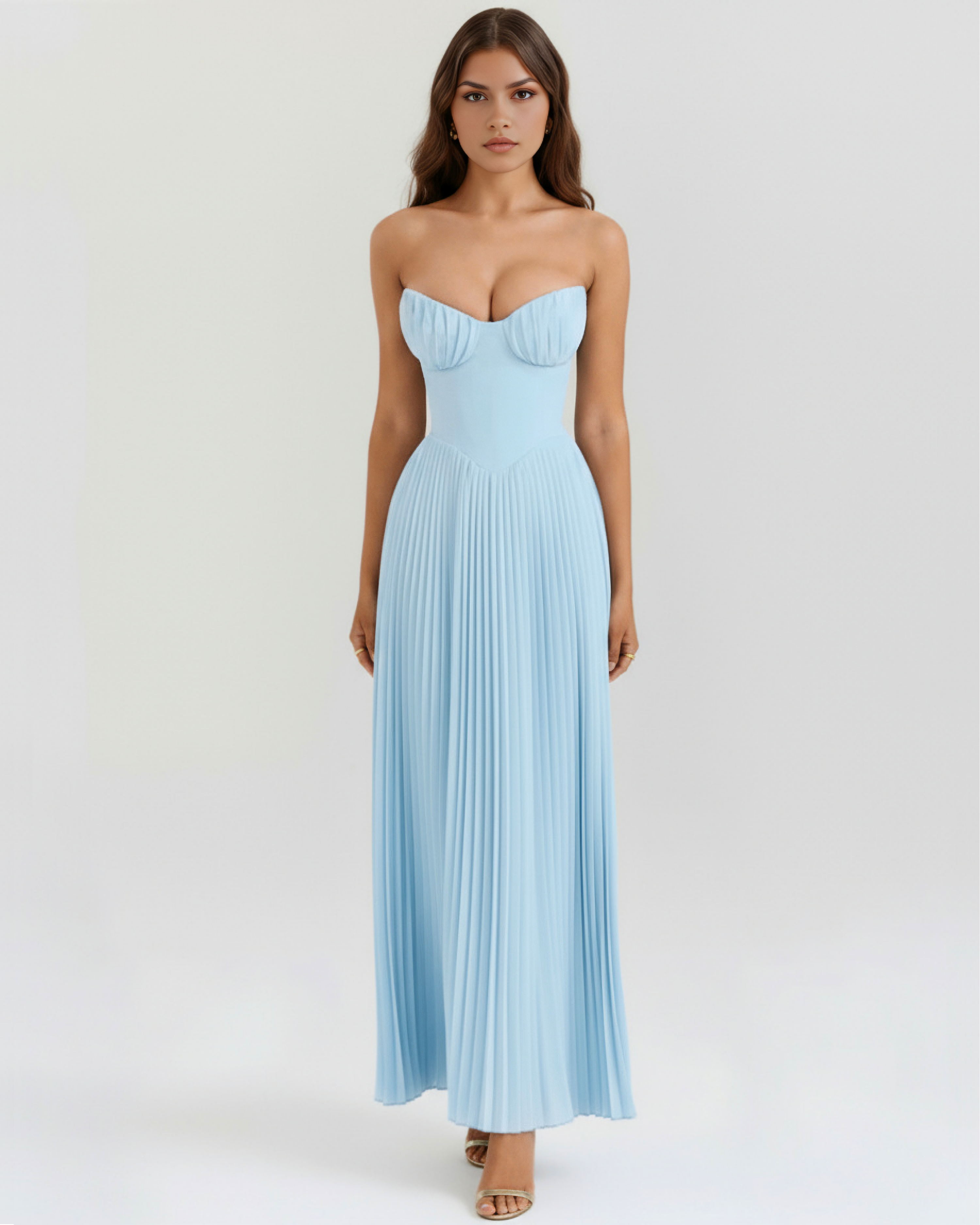 Siena Pleated Strapless Maxi Summer Dress - Ocean Blue