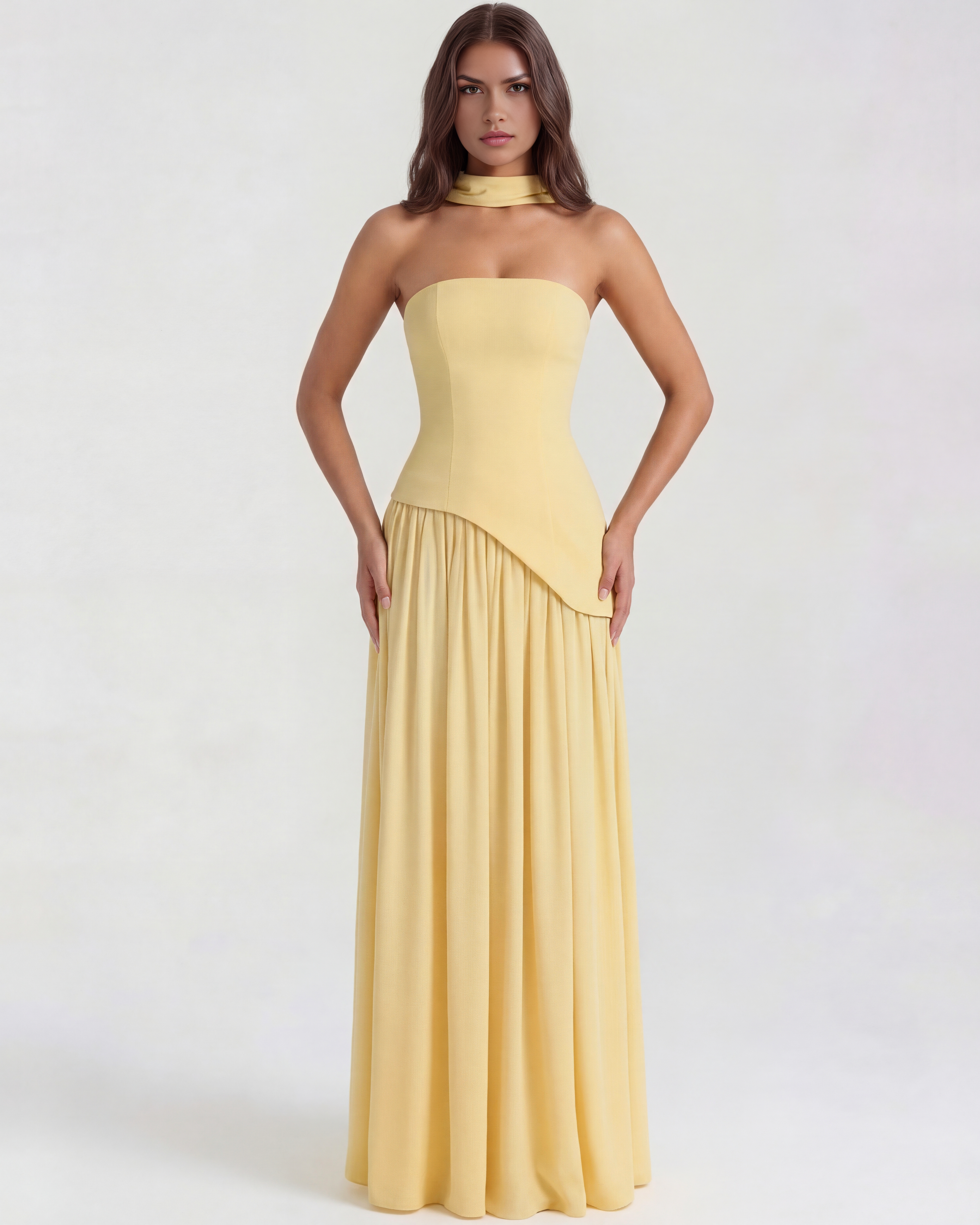 Serena Strapless Asymmetrical Maxi Wedding Guest Dress - Butter Yellow