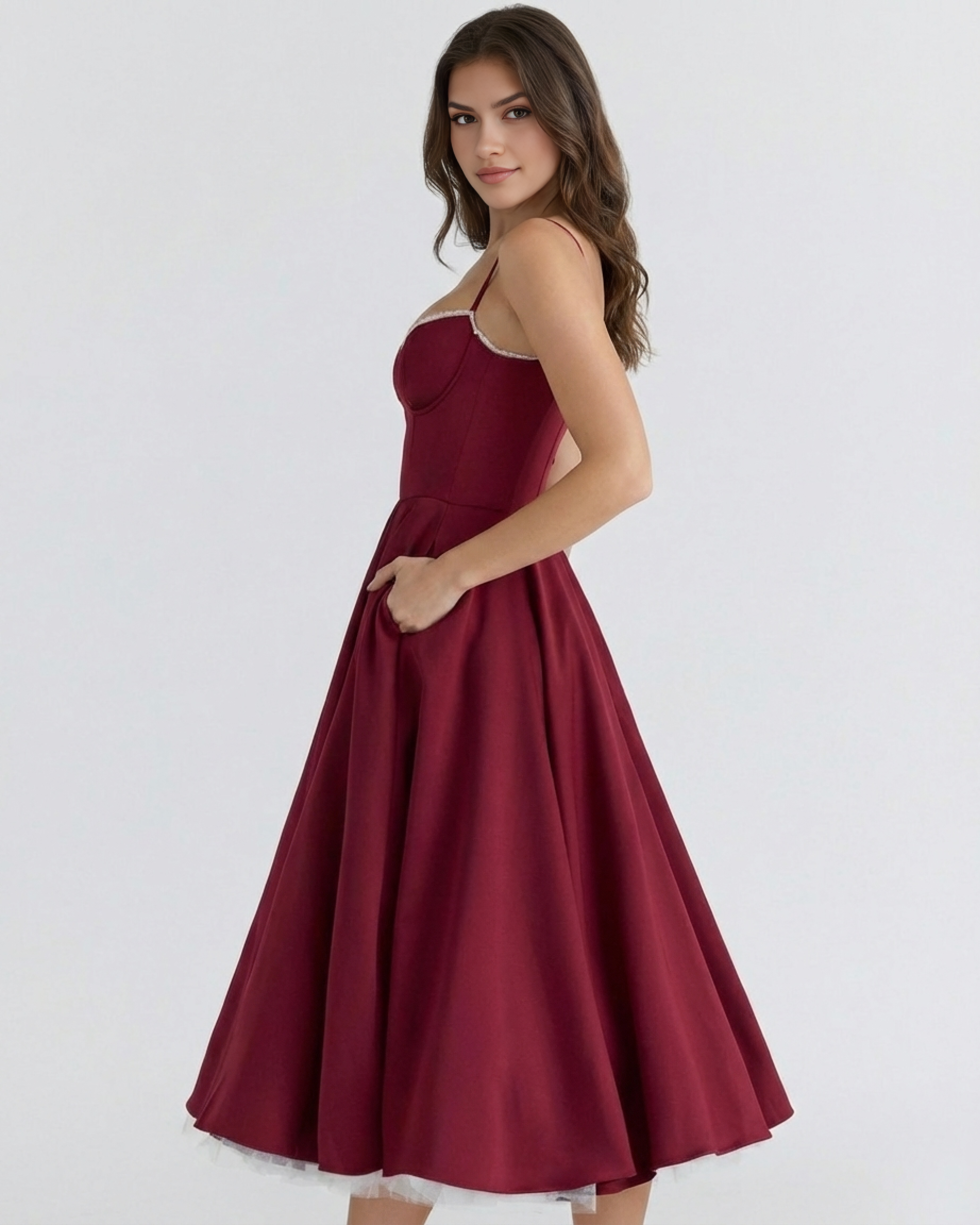 Selene Satin Mesh Midi Wedding Guest Dress - Blush