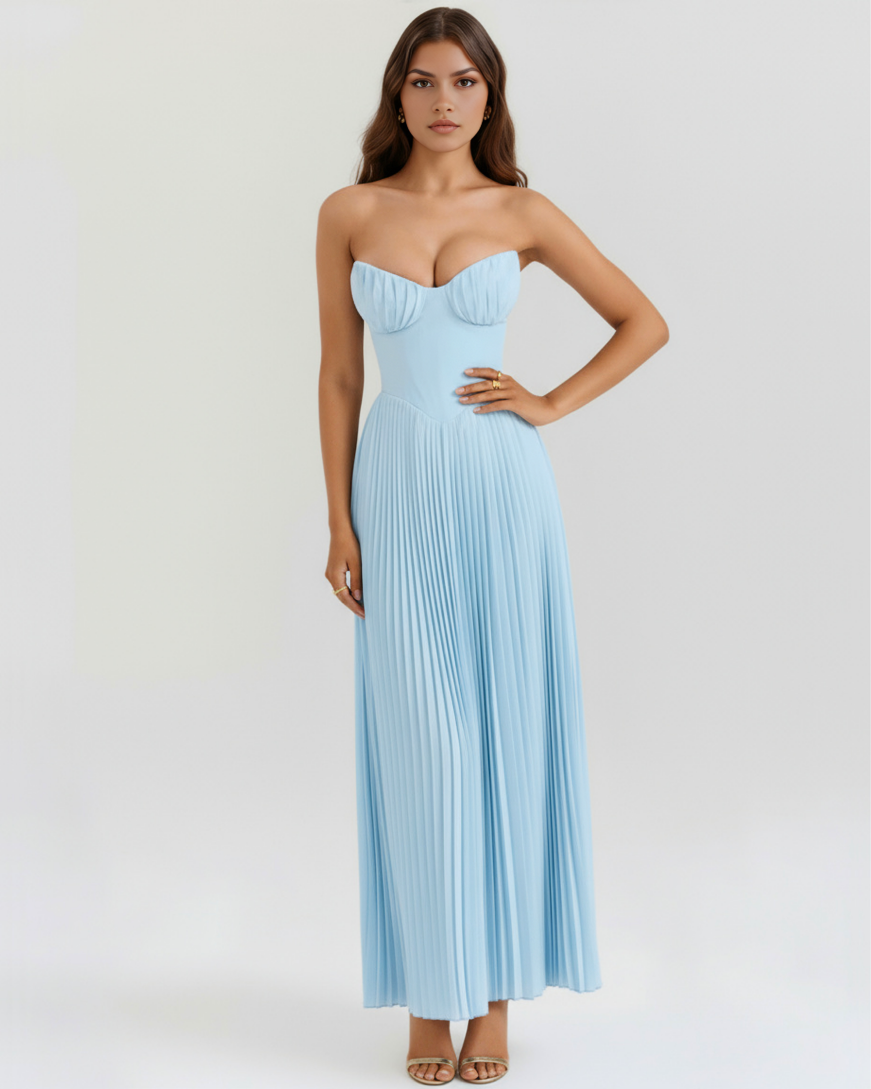 Siena Pleated Strapless Maxi Summer Dress - Ocean Blue