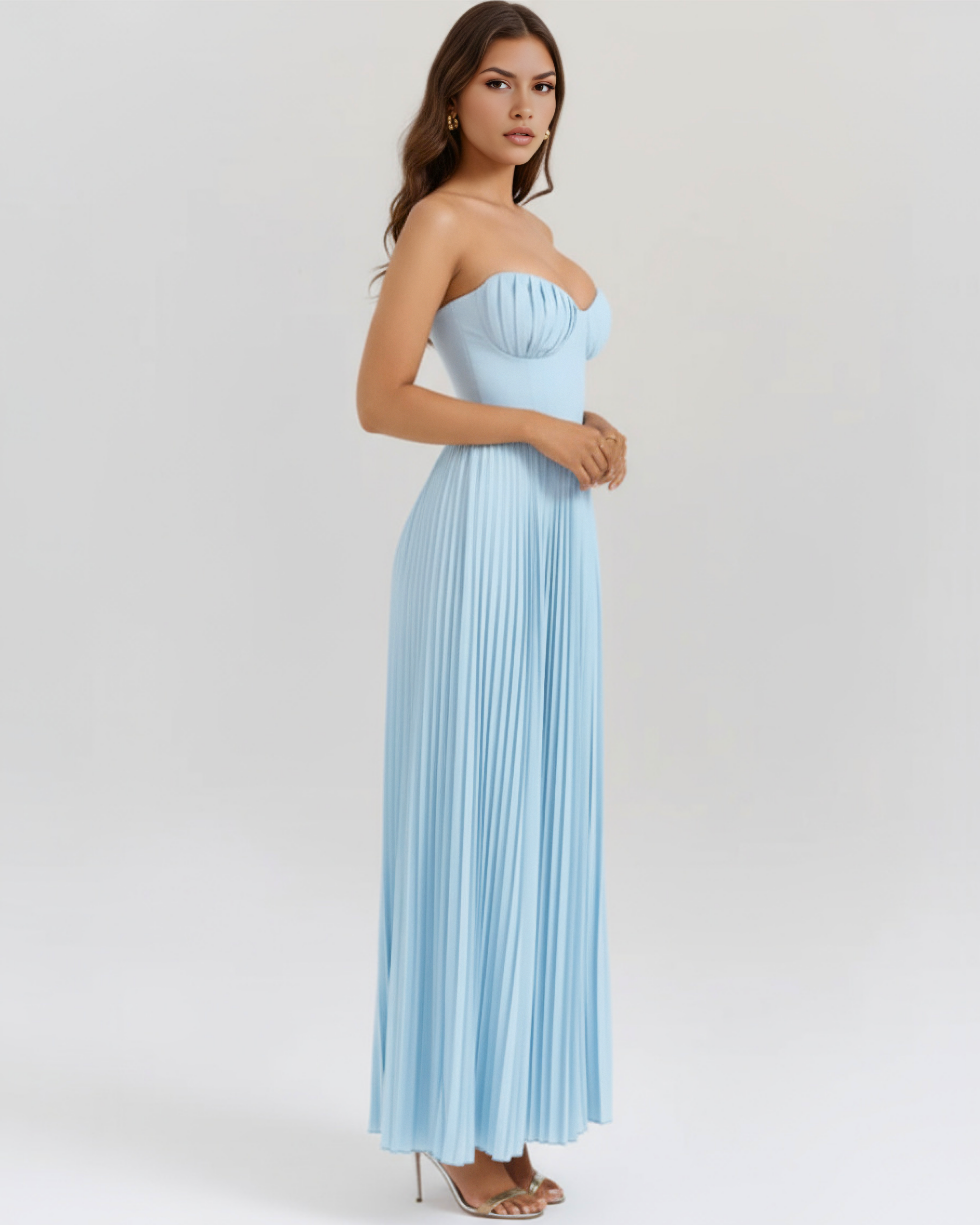 Siena Pleated Strapless Maxi Summer Dress - Ocean Blue