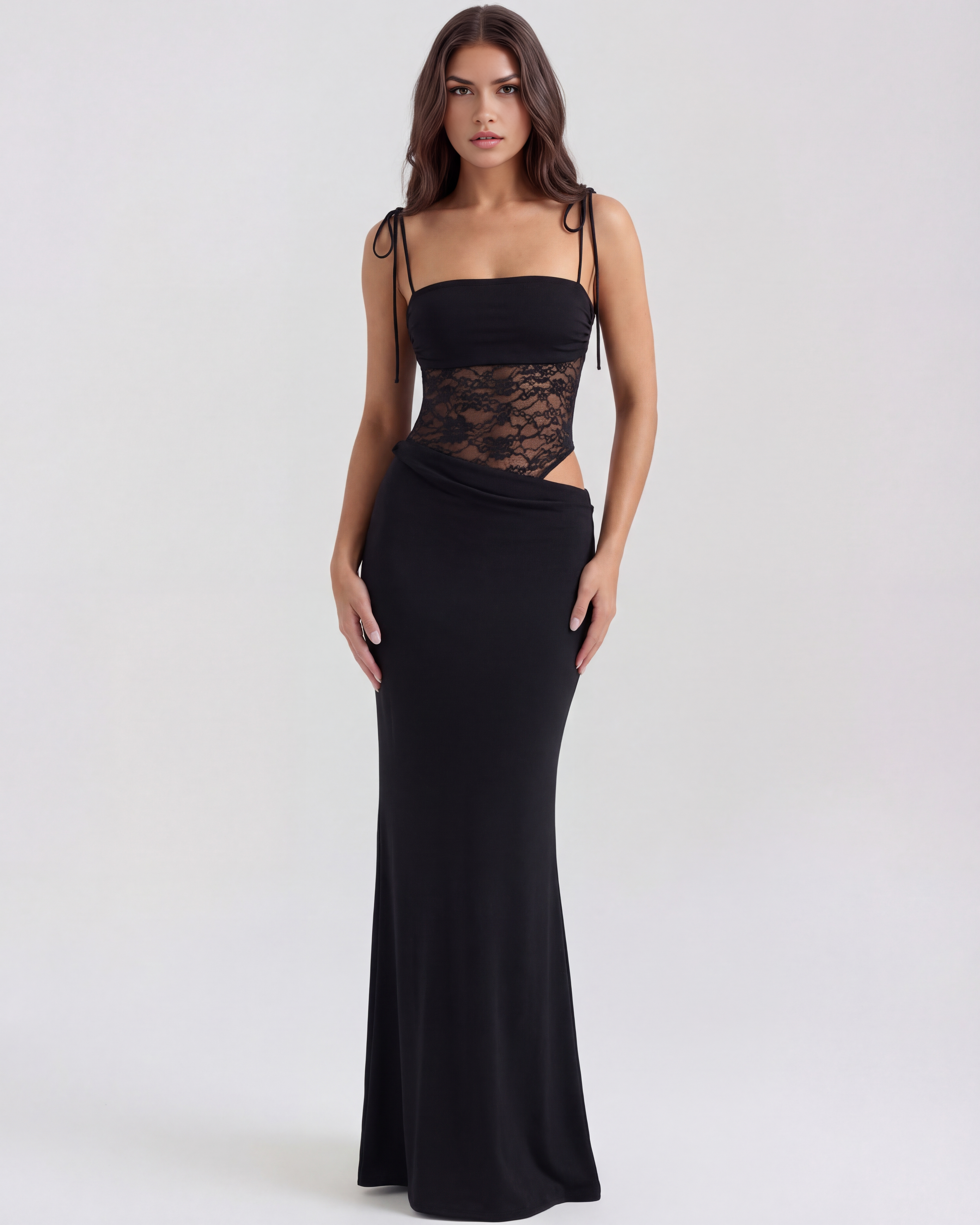 Valeria Lace Bodycon Maxi Evening Dress - Black