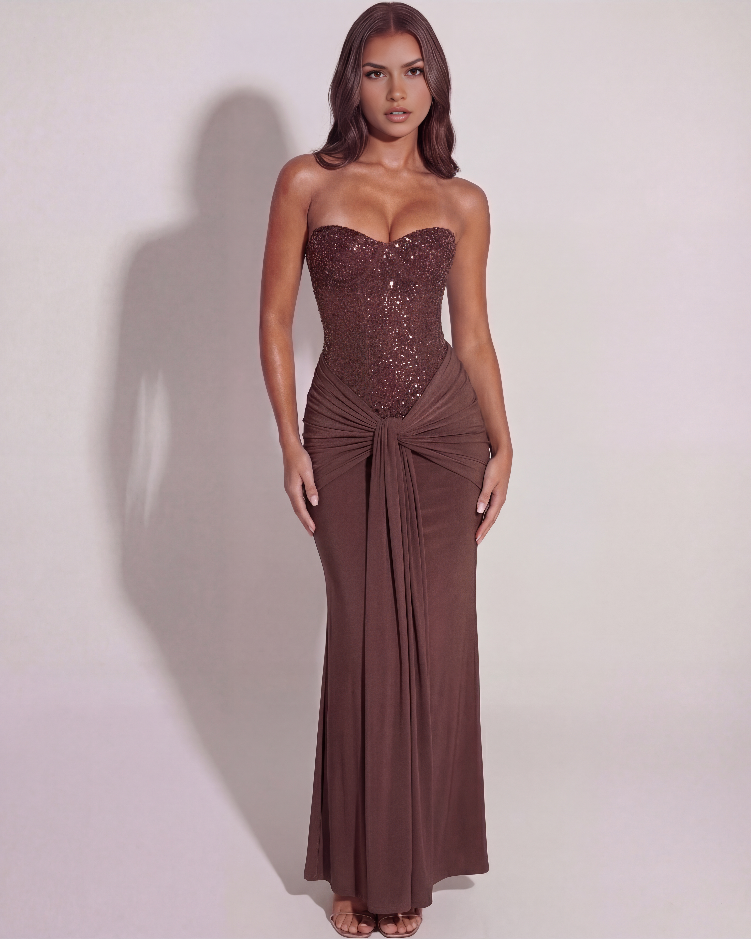 Jasmine Strapless Mesh Maxi Evening Dress - Plum-Brown