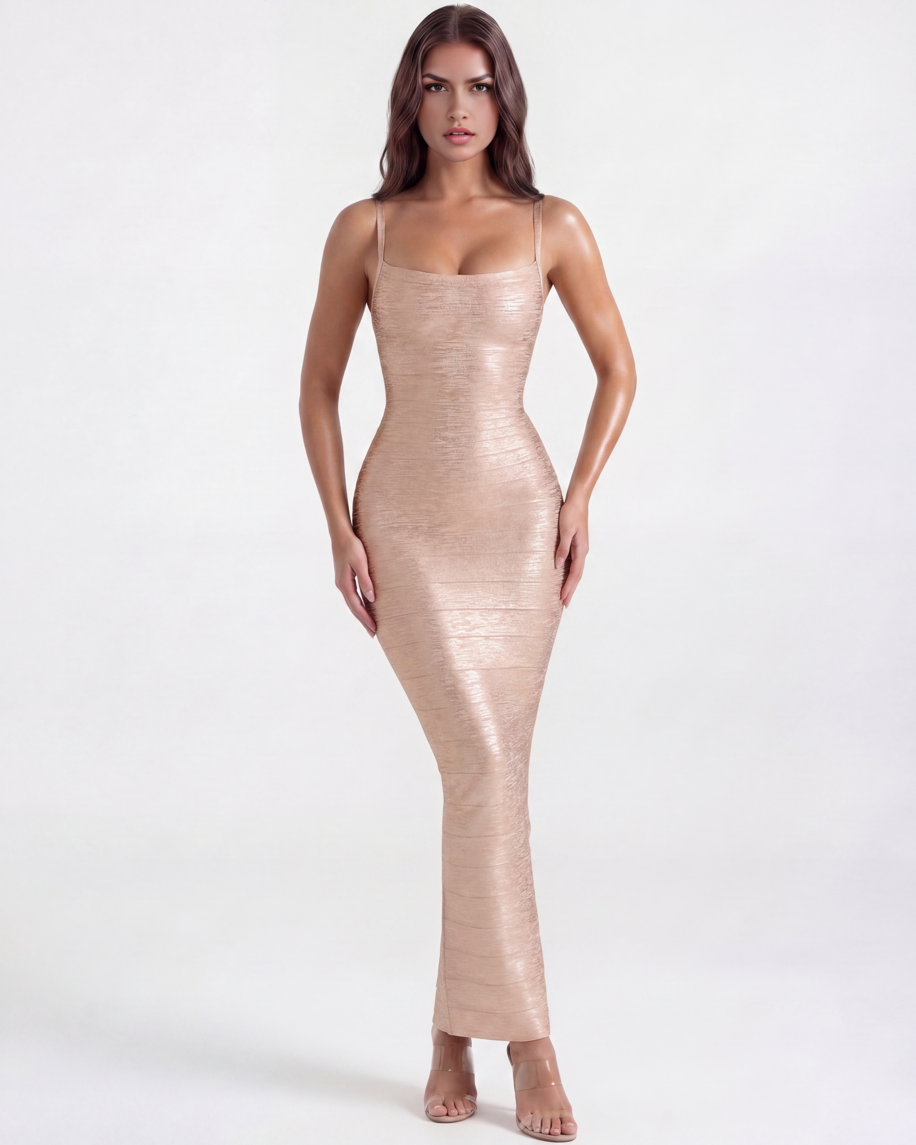 Ashanti Fitted Bodycon Maxi Cocktail Dress - Almond