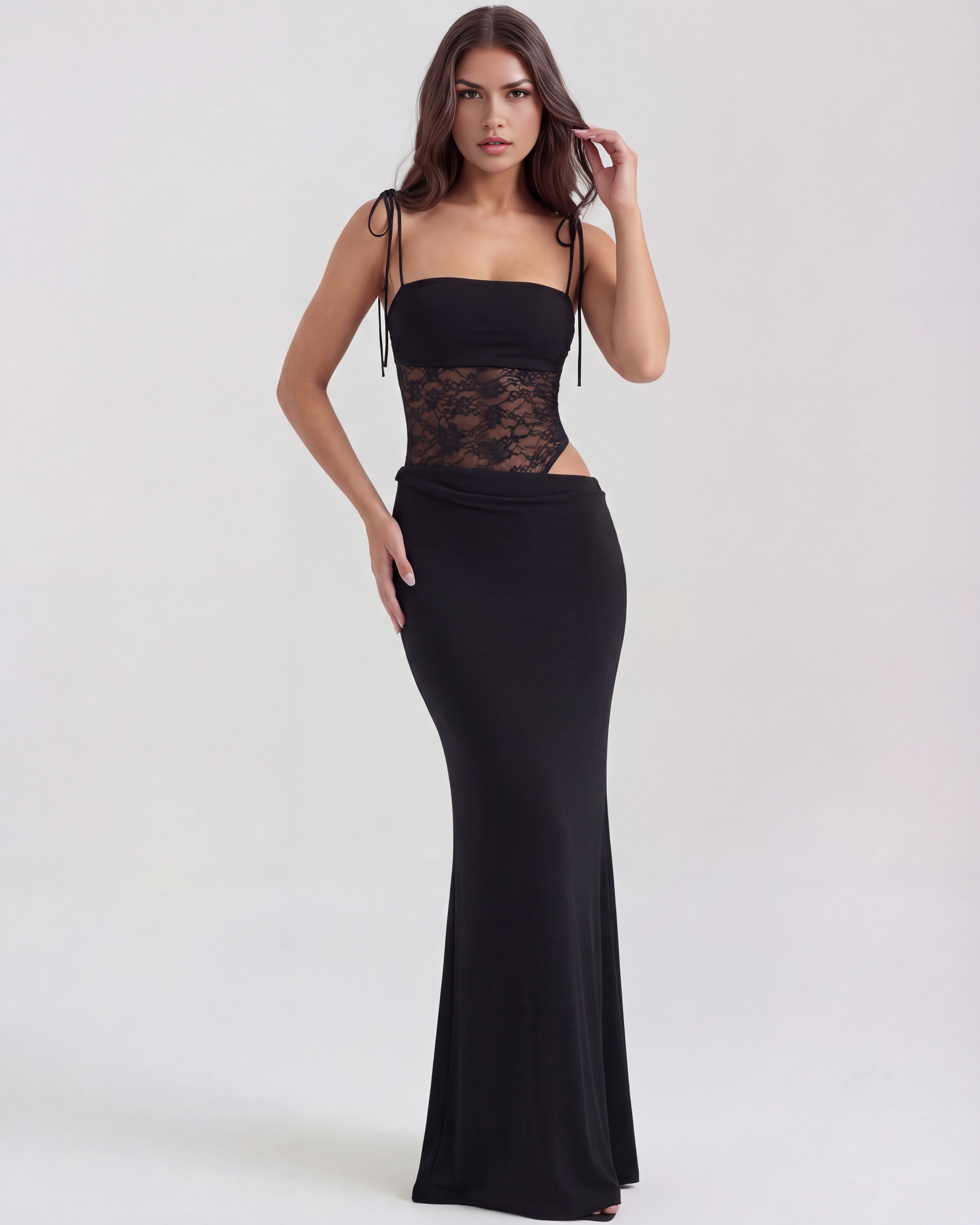 Valeria Lace Bodycon Maxi Evening Dress - Black