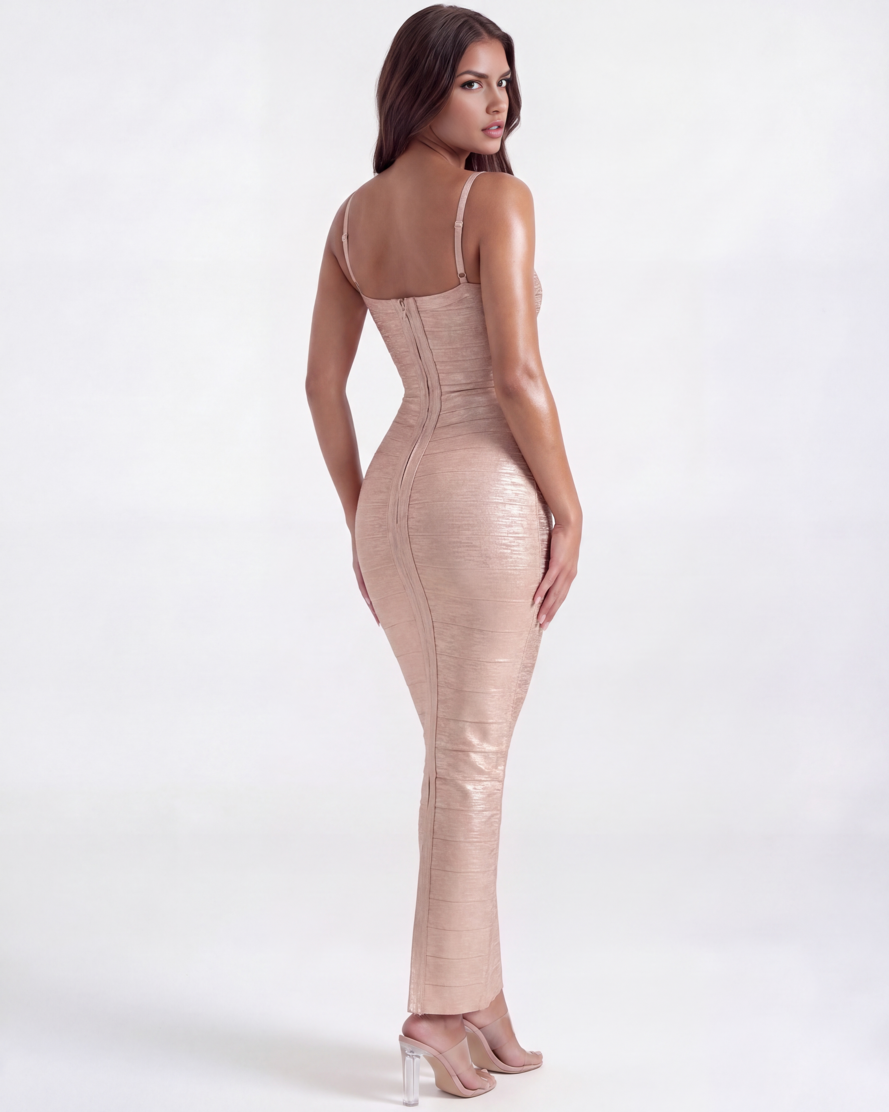 Ashanti Fitted Bodycon Maxi Cocktail Dress - Almond