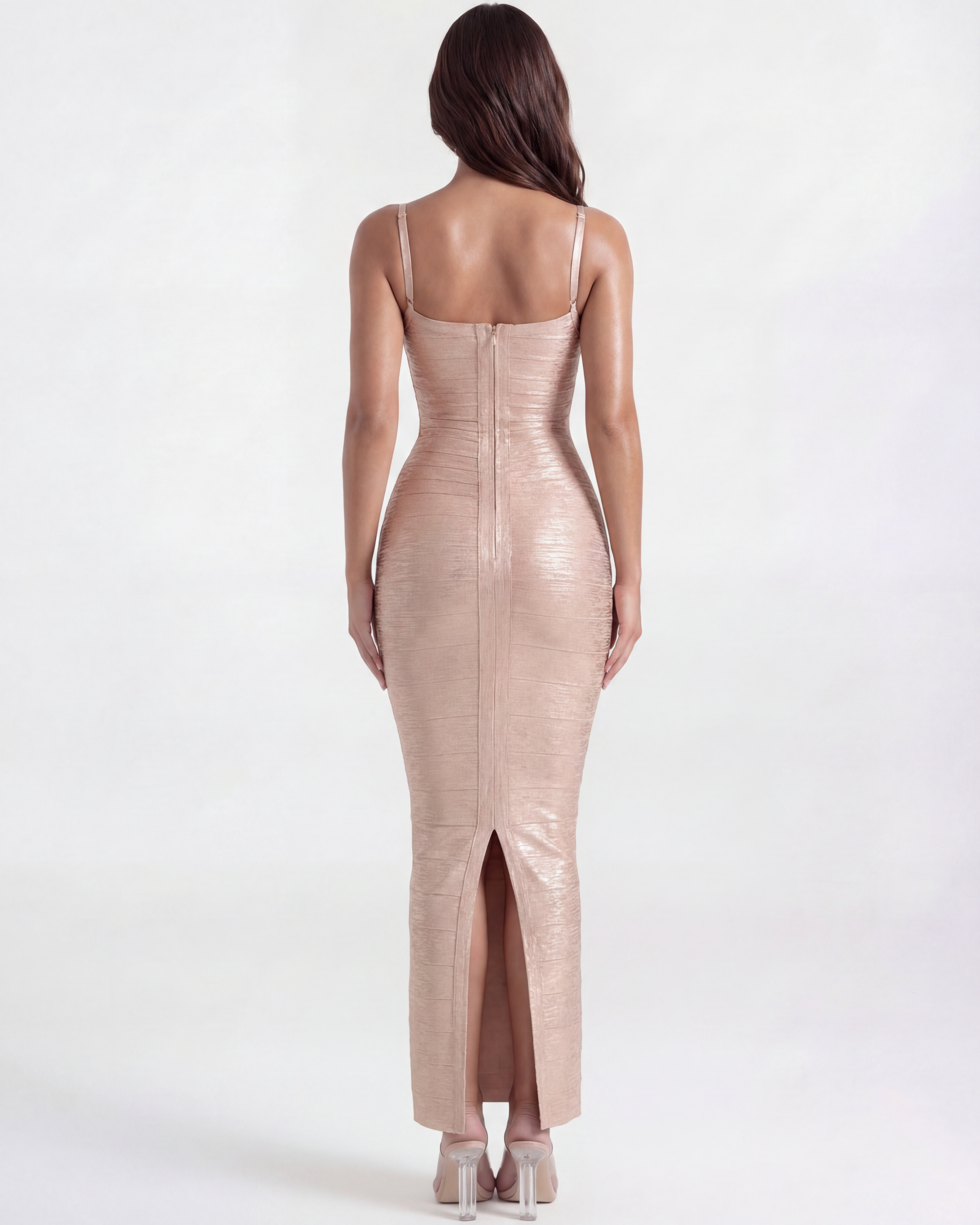 Ashanti Fitted Bodycon Maxi Cocktail Dress - Almond