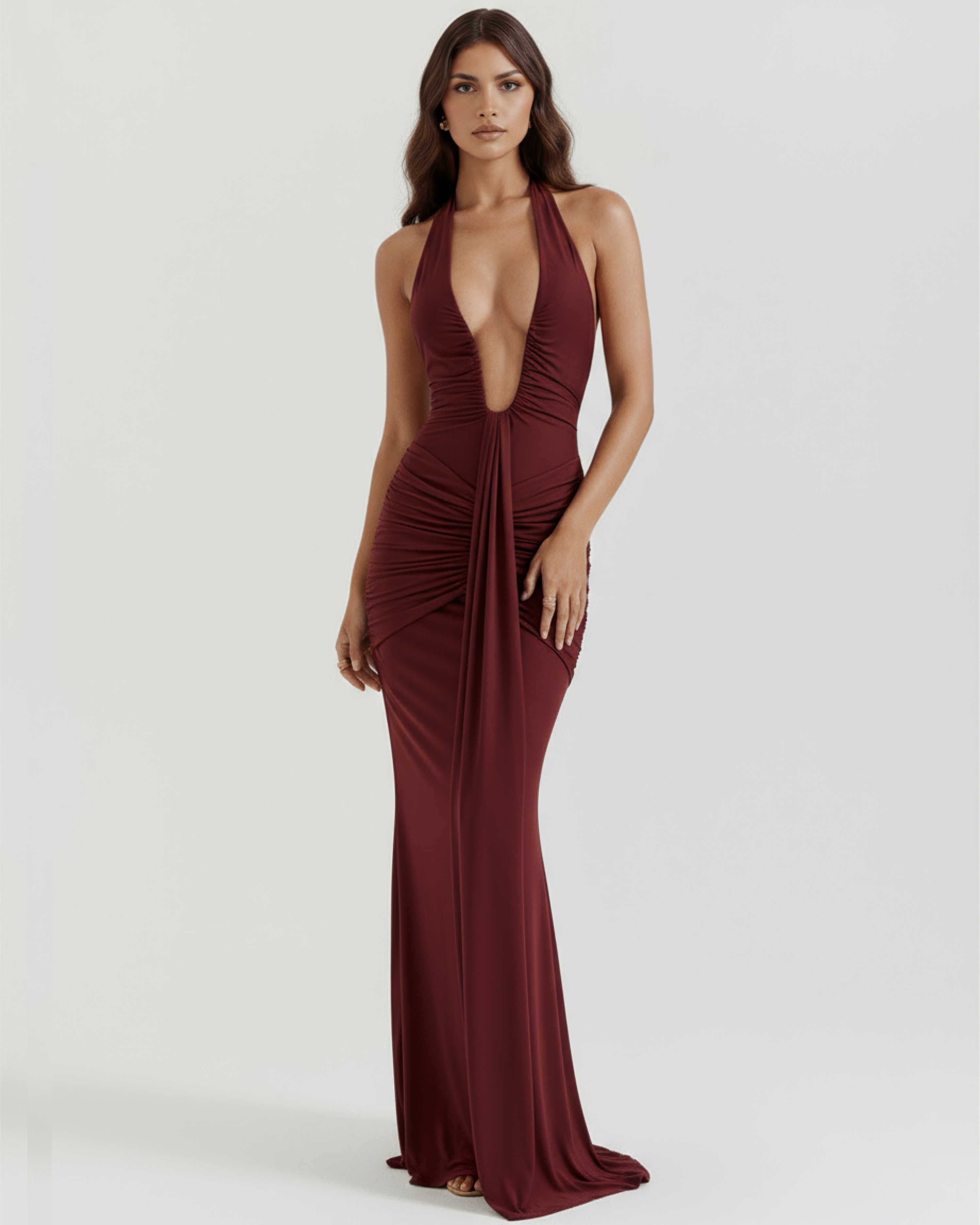Ariel Ruched Halter Maxi Evening Dress - Black