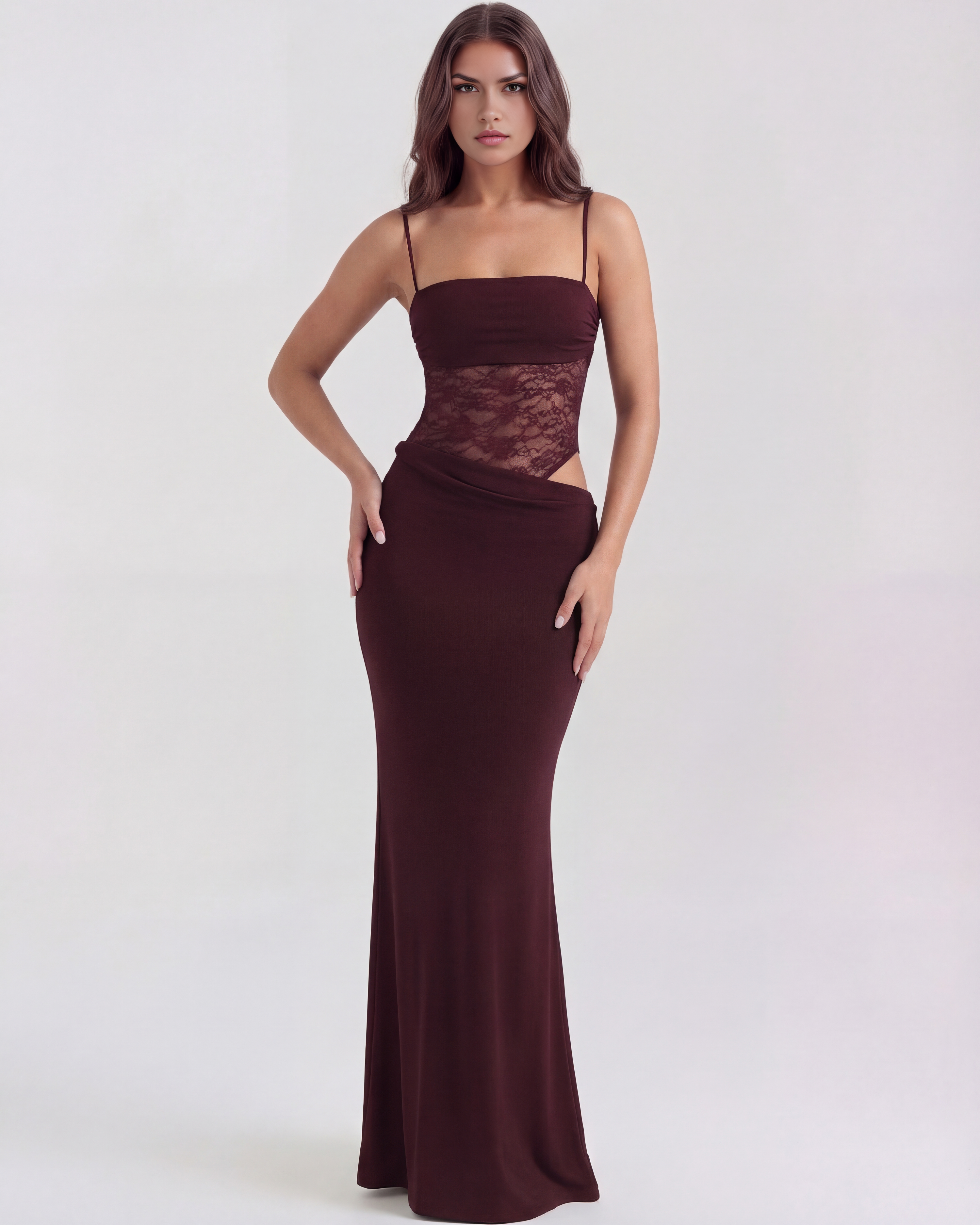 Valeria Lace Bodycon Maxi Evening Dress - Burgundy