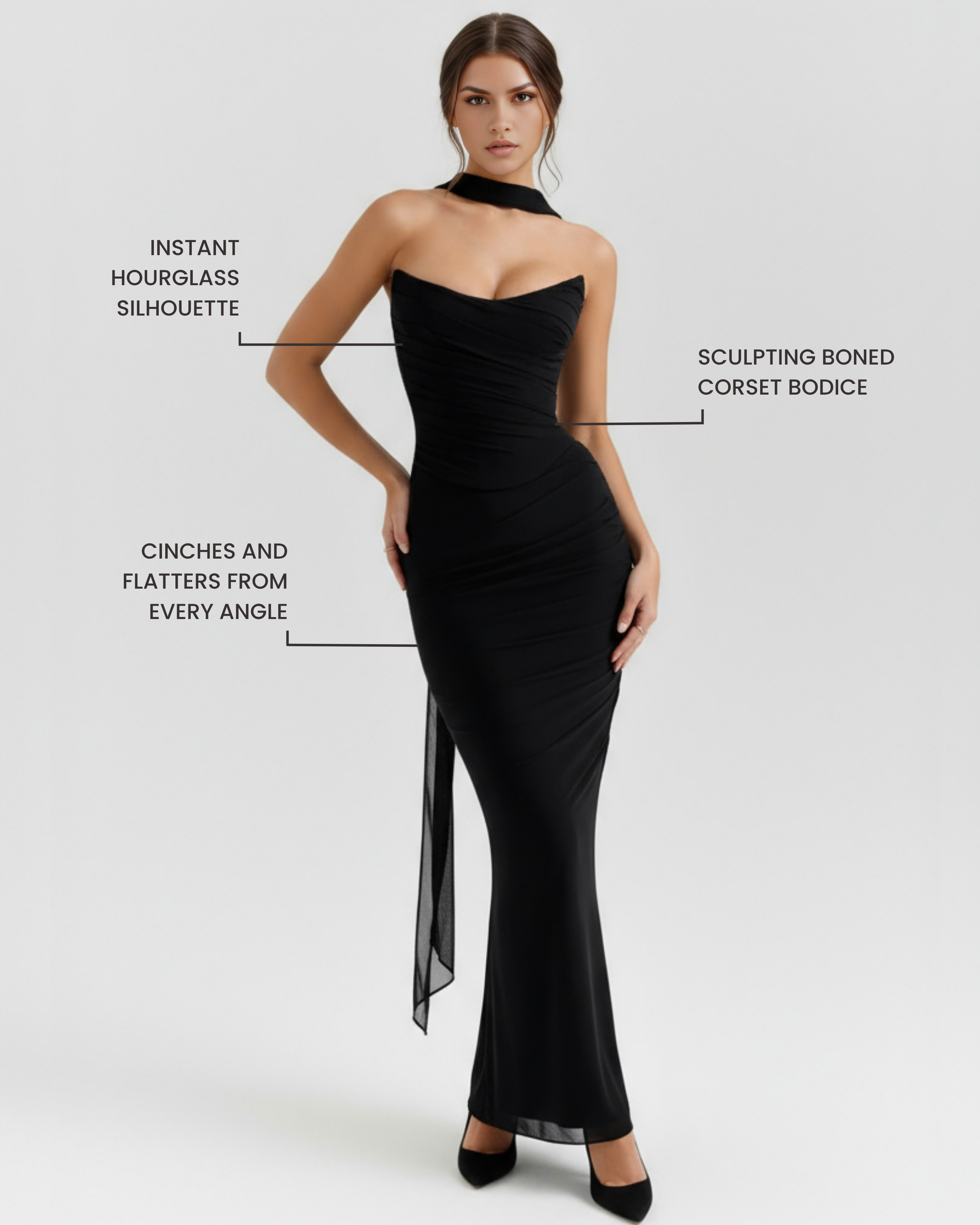 Malu Mesh Ruched Maxi Evening Dress - Black