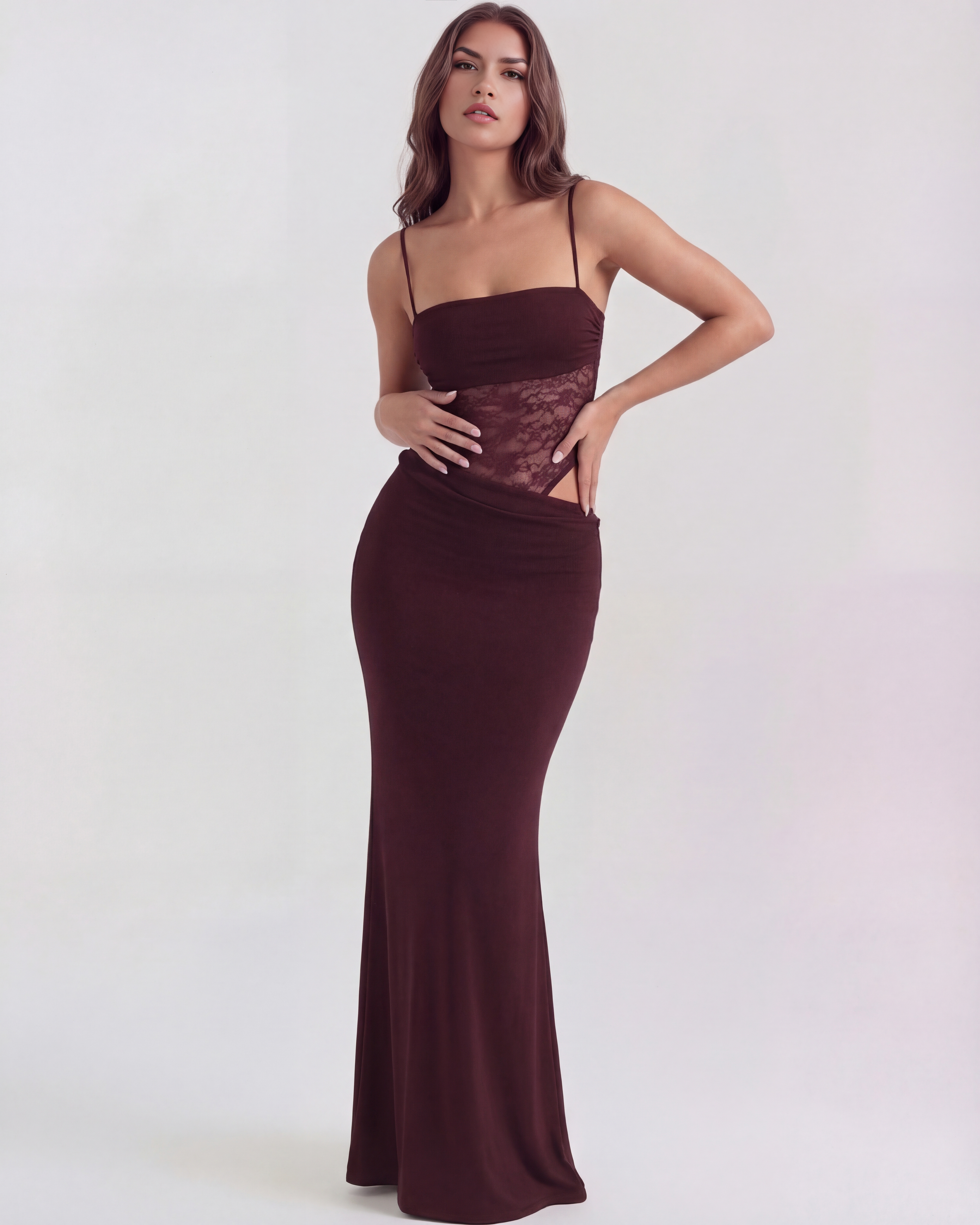 Valeria Lace Bodycon Maxi Evening Dress - Burgundy