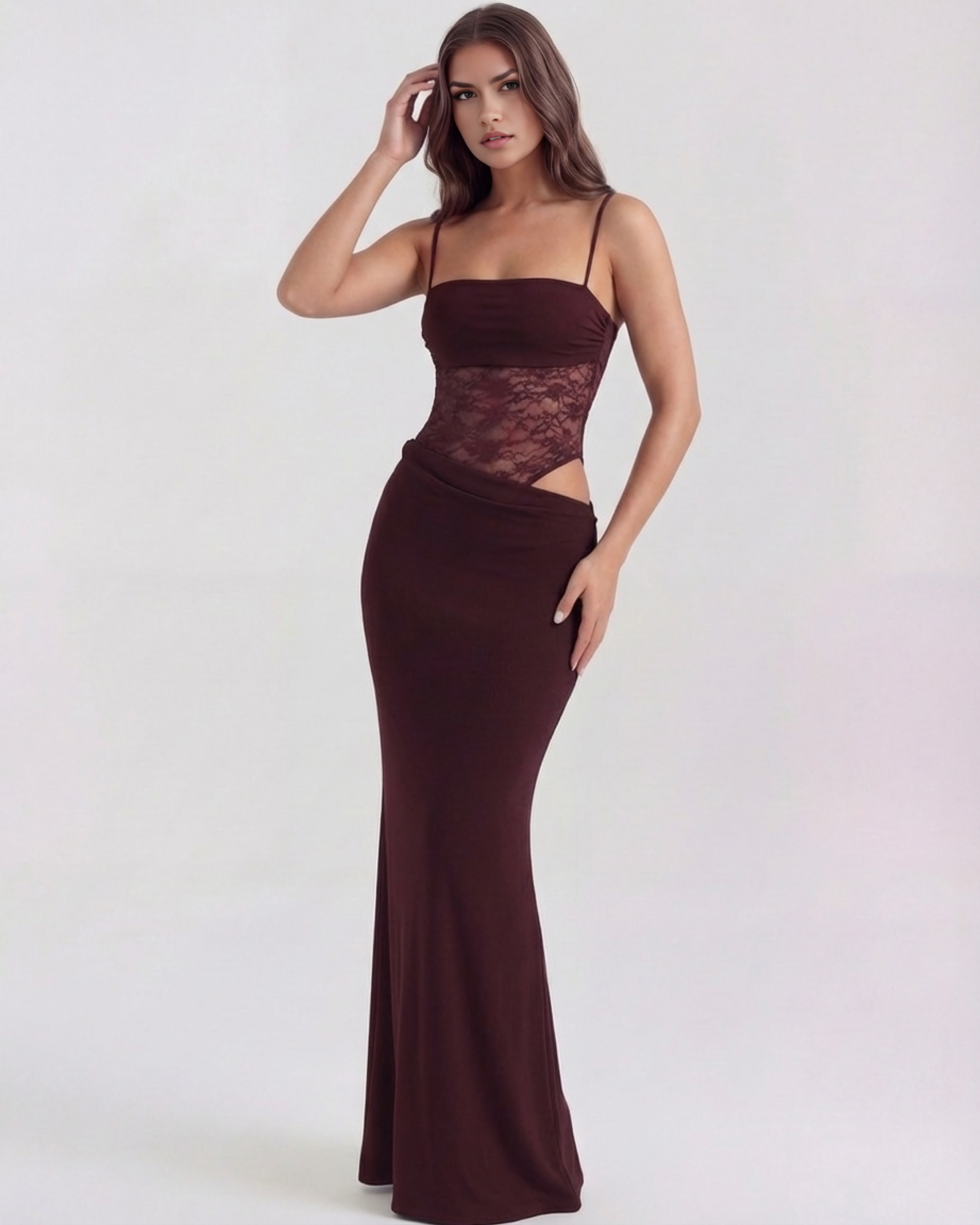 Valeria Lace Bodycon Maxi Evening Dress - Burgundy