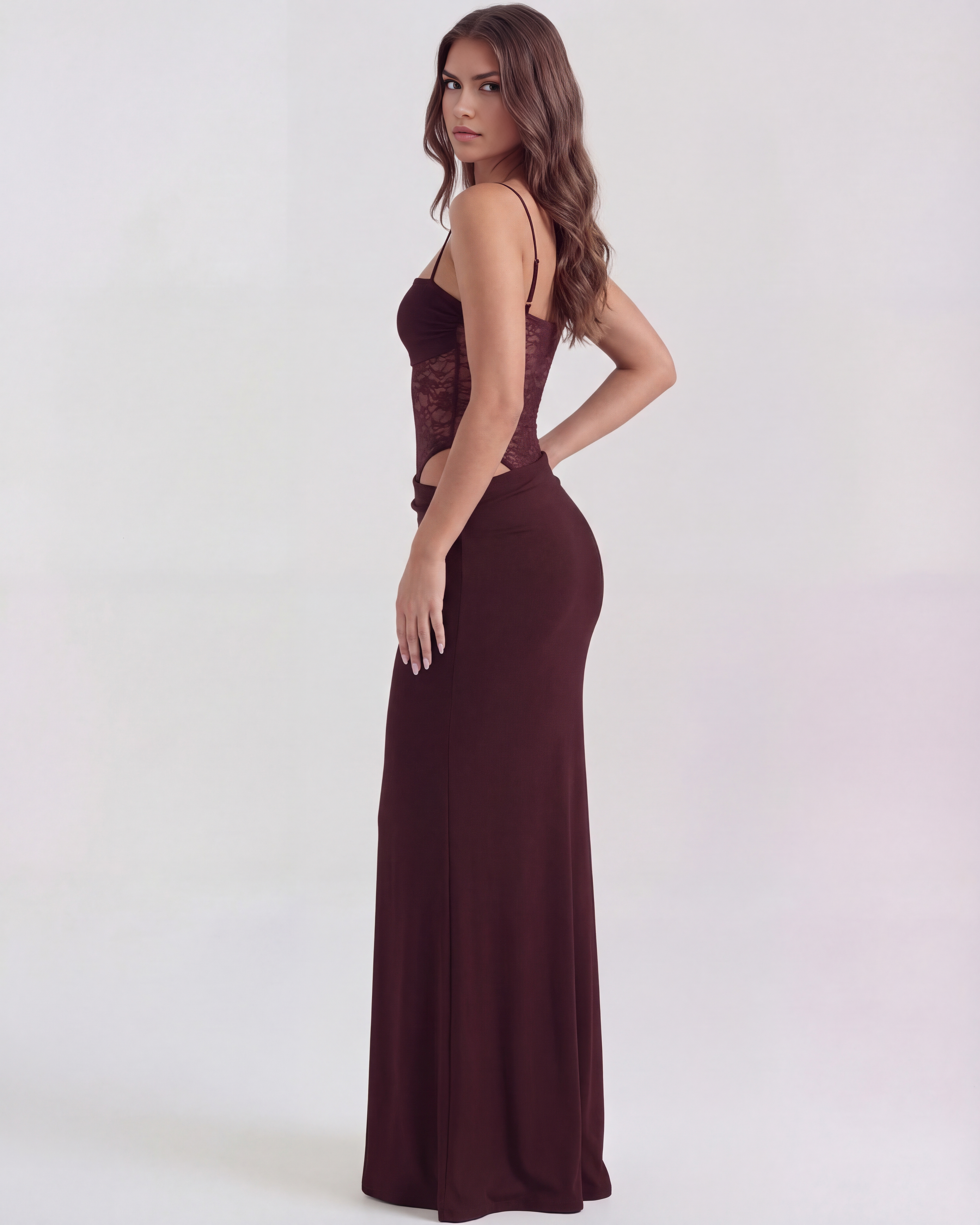 Valeria Lace Bodycon Maxi Evening Dress - Burgundy